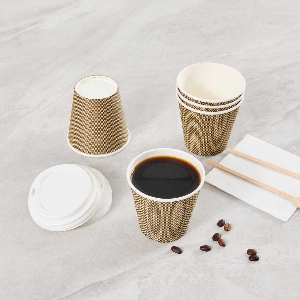Restpresso 8 oz Mocha Pin Check Paper Coffee Cup - Spiral Wall - 3 1/2" x 3 1/2" x 3 1/4" - 25 count box