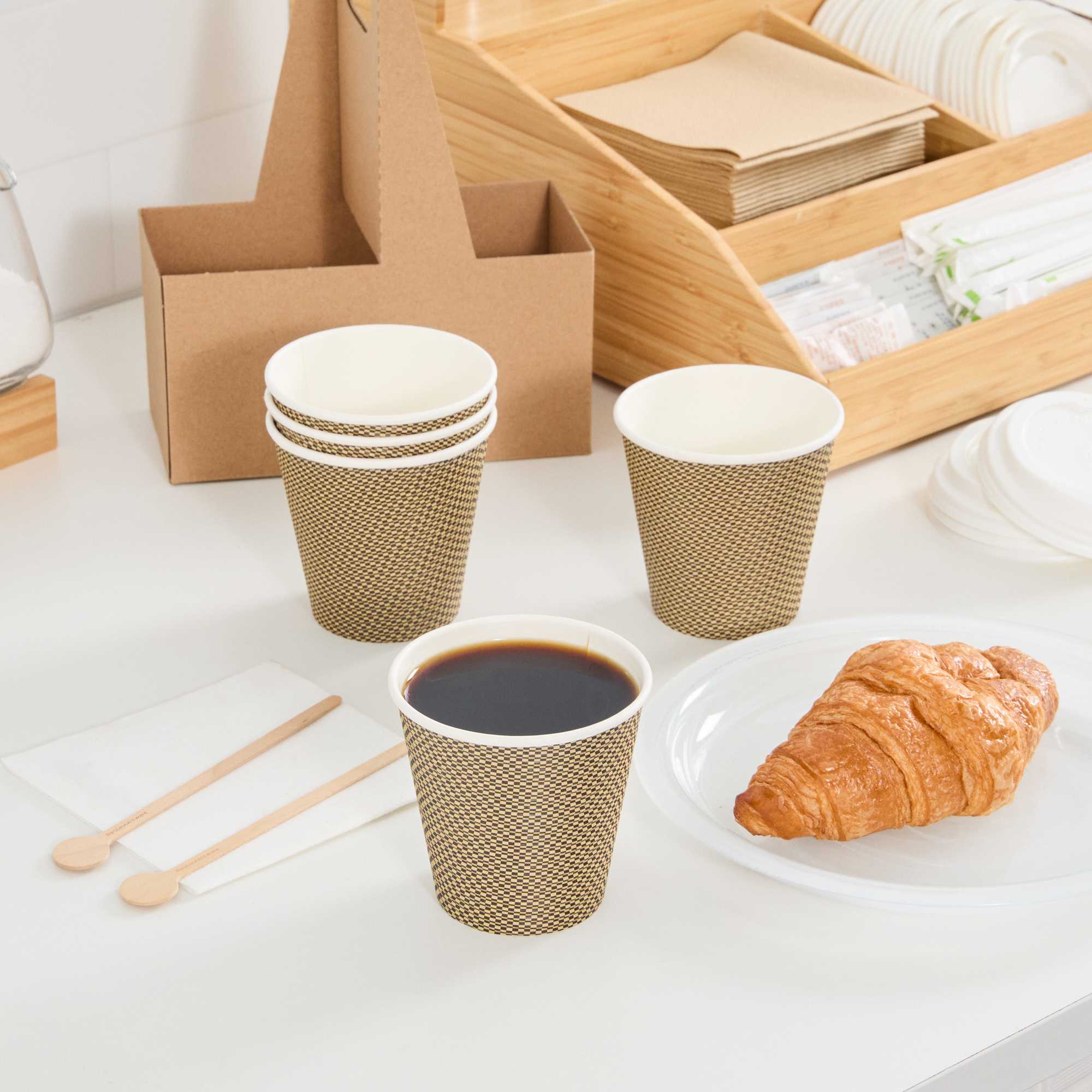 Restpresso 8 oz Mocha Pin Check Paper Coffee Cup - Spiral Wall - 3 1/2" x 3 1/2" x 3 1/4" - 500 count box