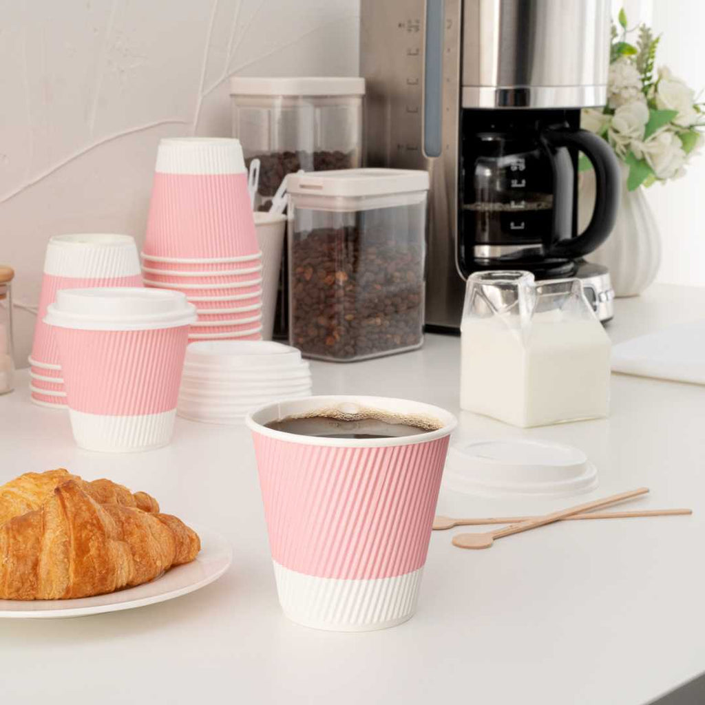 Restpresso 8 oz Light Pink Paper Coffee Cup - Ripple Wall - 3 1/2" x 3 1/2" x 3 1/4" - 500 count box