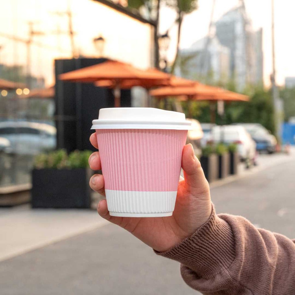 Restpresso 8 oz Light Pink Paper Coffee Cup - Ripple Wall - 3 1/2" x 3 1/2" x 3 1/4" - 500 count box