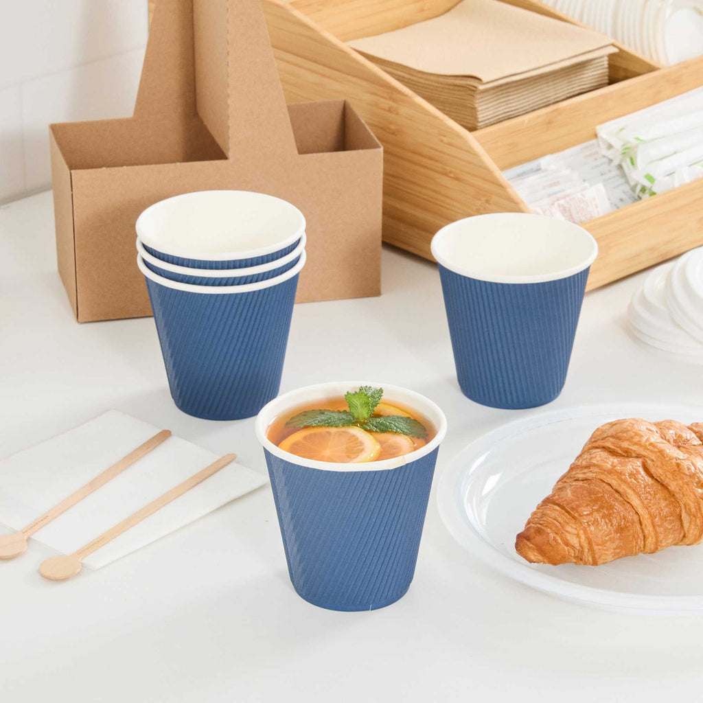 Restpresso 8 oz Midnight Blue Paper Coffee Cup - Ripple Wall - 3 1/2" x 3 1/2" x 3 1/4" - 25 count box