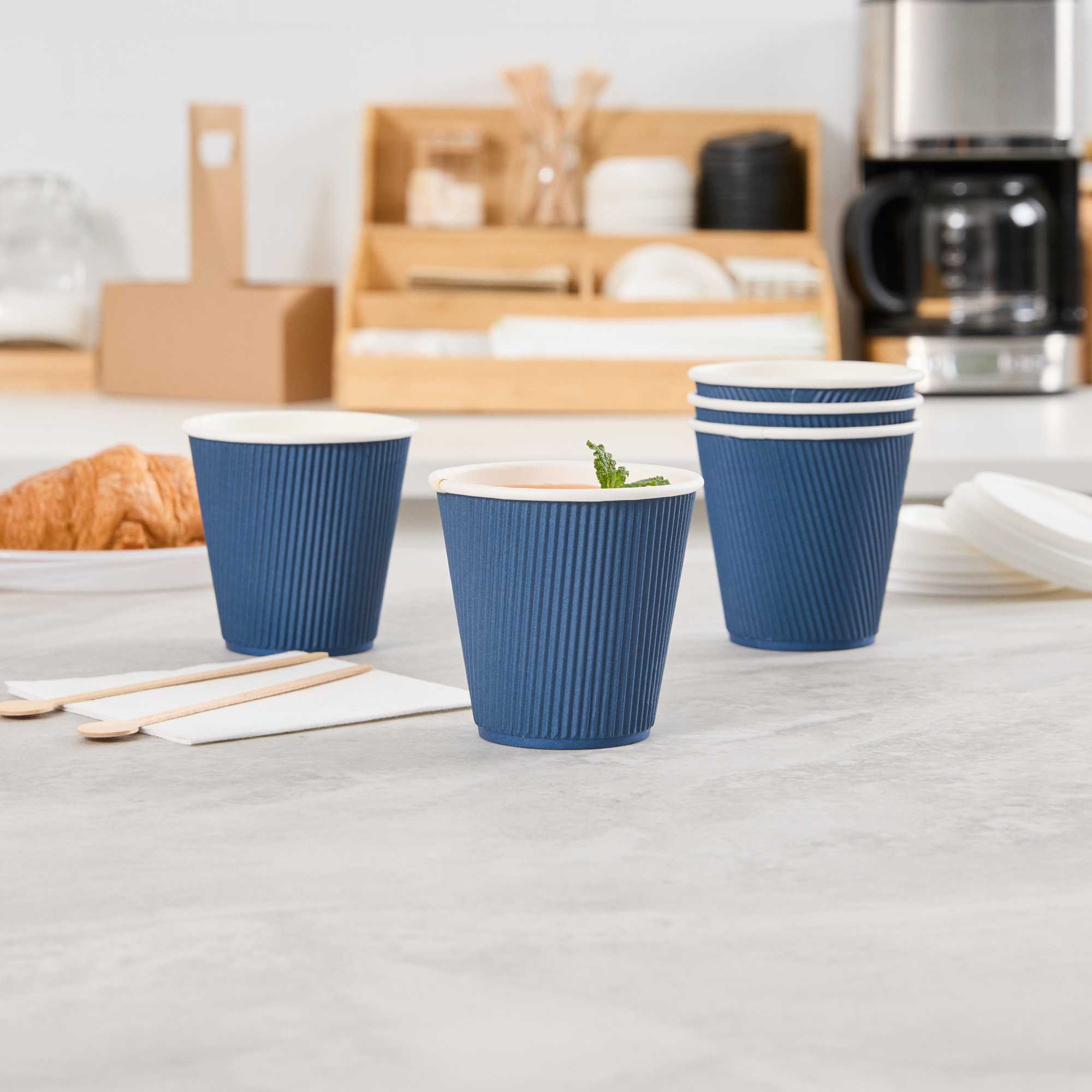 Restpresso 8 oz Midnight Blue Paper Coffee Cup - Ripple Wall - 3 1/2" x 3 1/2" x 3 1/4" - 25 count box