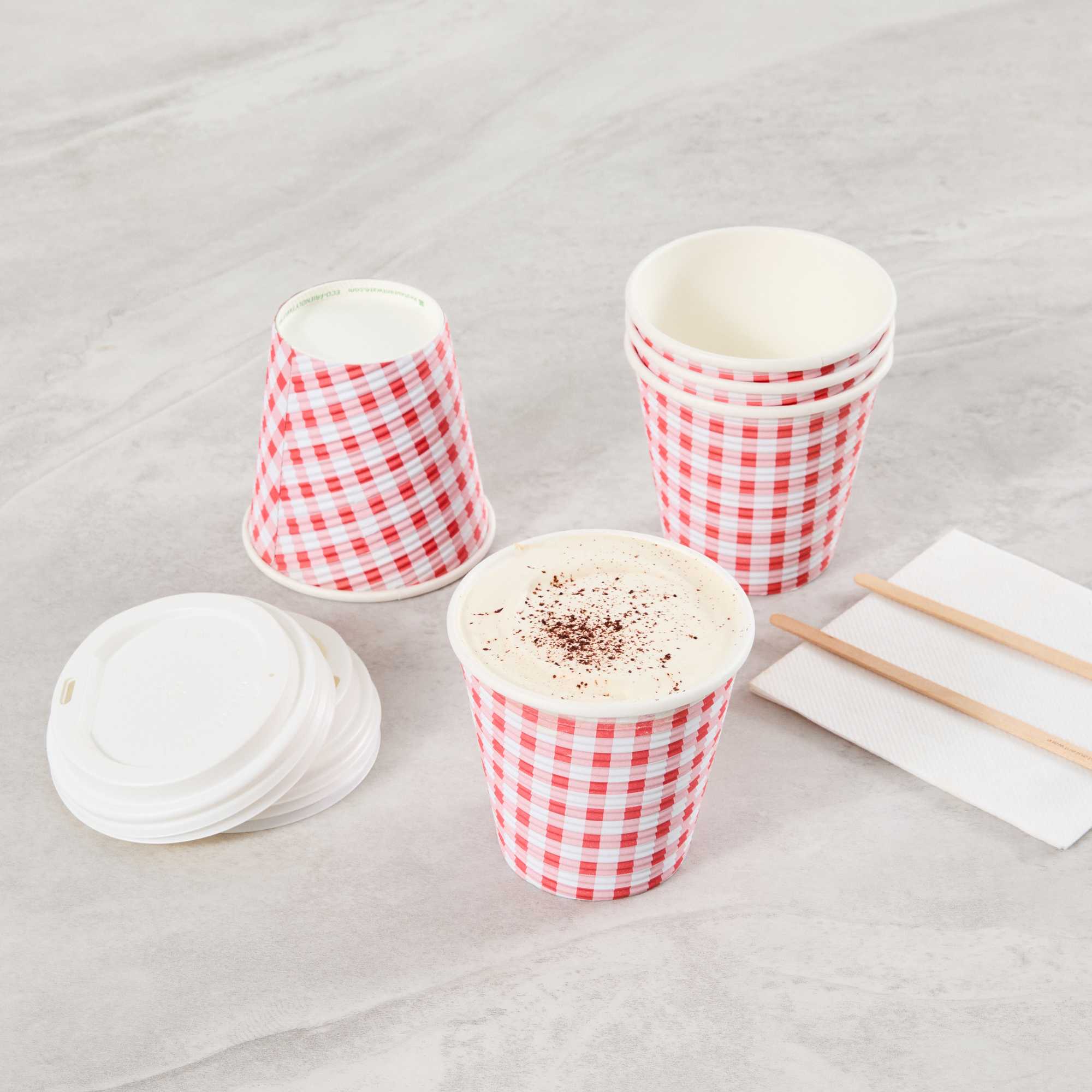 Restpresso 8 oz Picnic Print Paper Coffee Cup - Spiral Wall - 3 1/2" x 3 1/2" x 3 1/4" - 25 count box