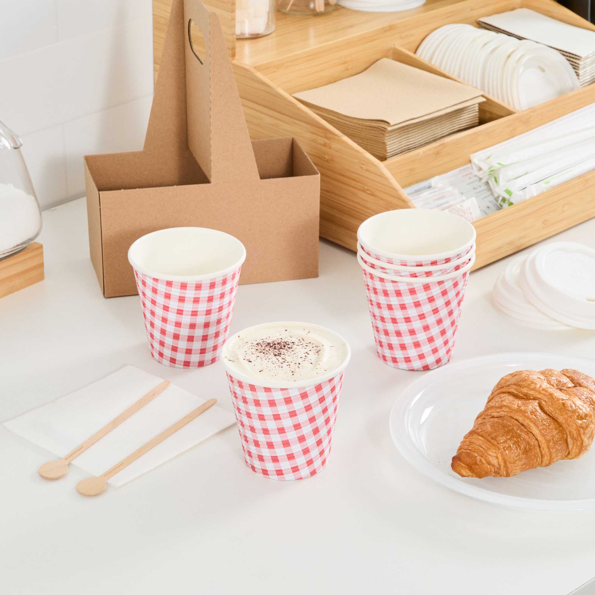 Restpresso 8 oz Picnic Print Paper Coffee Cup - Spiral Wall - 3 1/2" x 3 1/2" x 3 1/4" - 500 count box