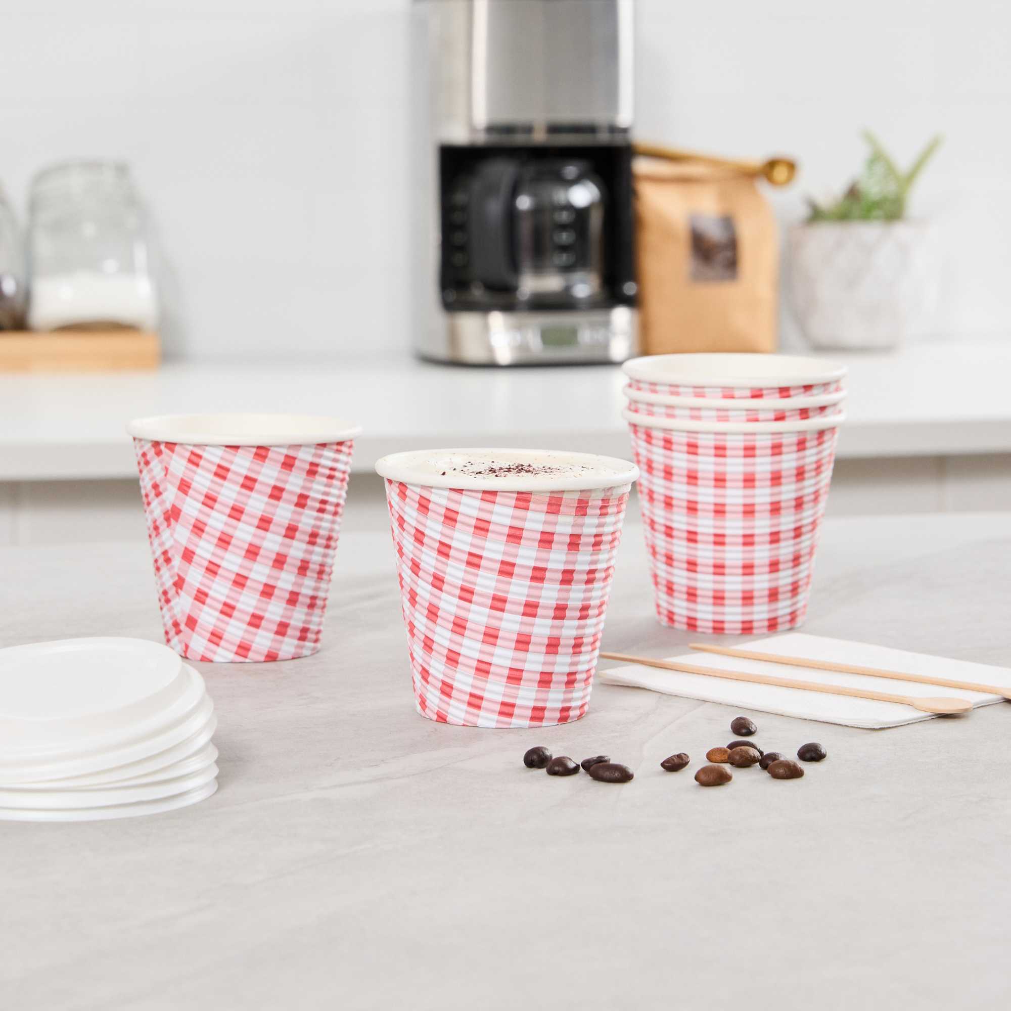Restpresso 8 oz Picnic Print Paper Coffee Cup - Spiral Wall - 3 1/2" x 3 1/2" x 3 1/4" - 500 count box