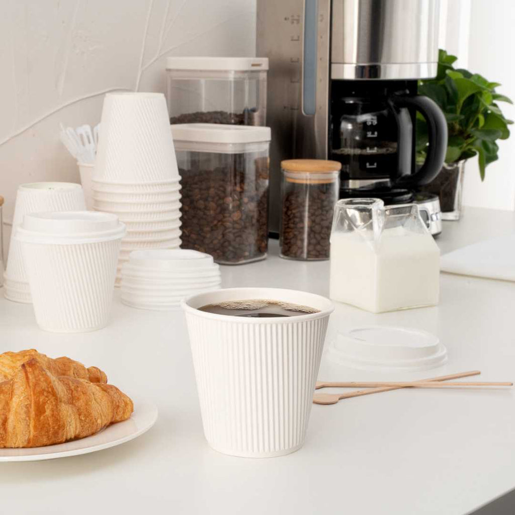 Restpresso 8 oz White Paper Coffee Cup - Ripple Wall - 3 1/2" x 3 1/2" x 3 1/4" - 25 count box