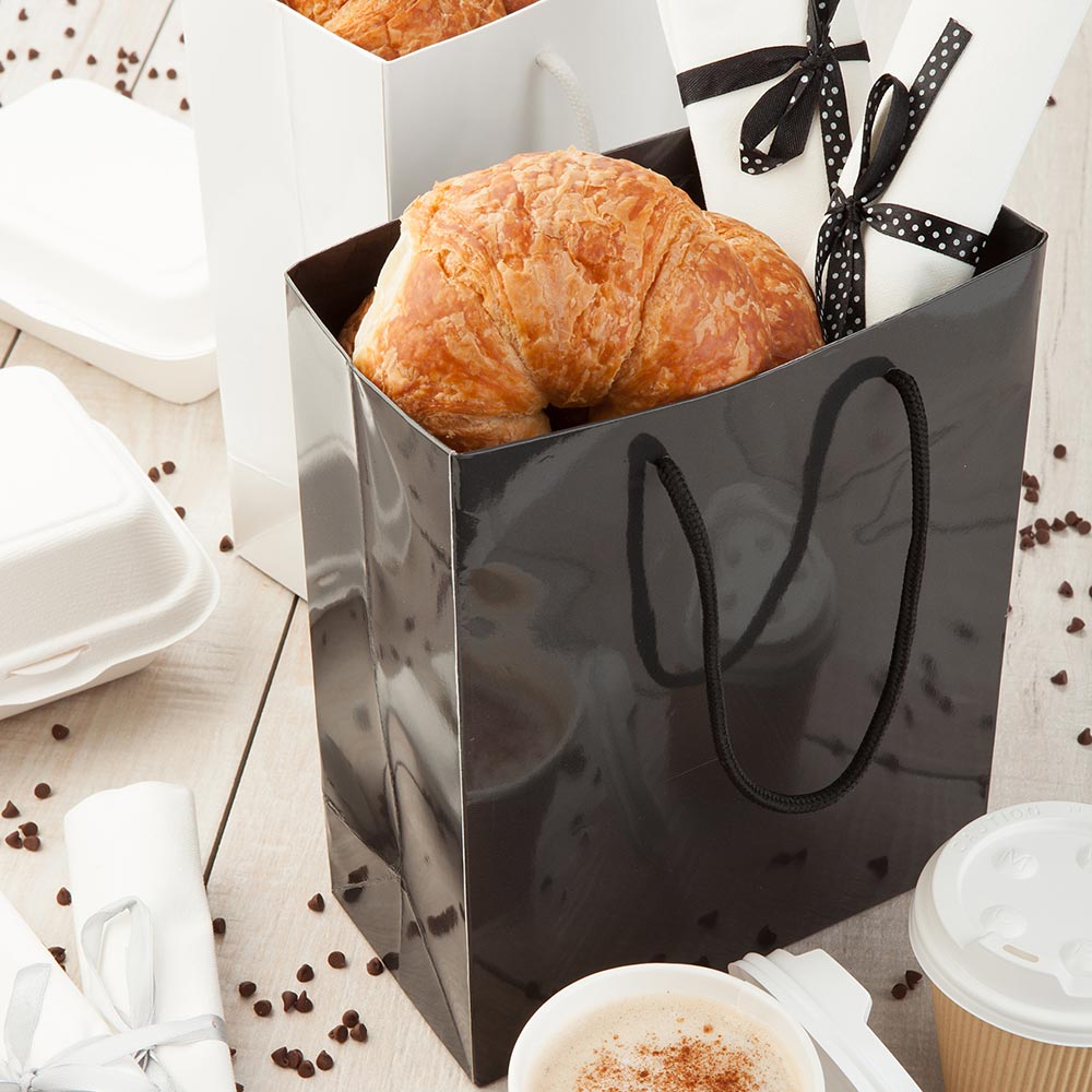 Vogue Rectangle Black Paper Extra Small Shopping and Take Out Bag - Glossy, Rope Handles - 5" x 3" x 5 1/2" - 10 count box