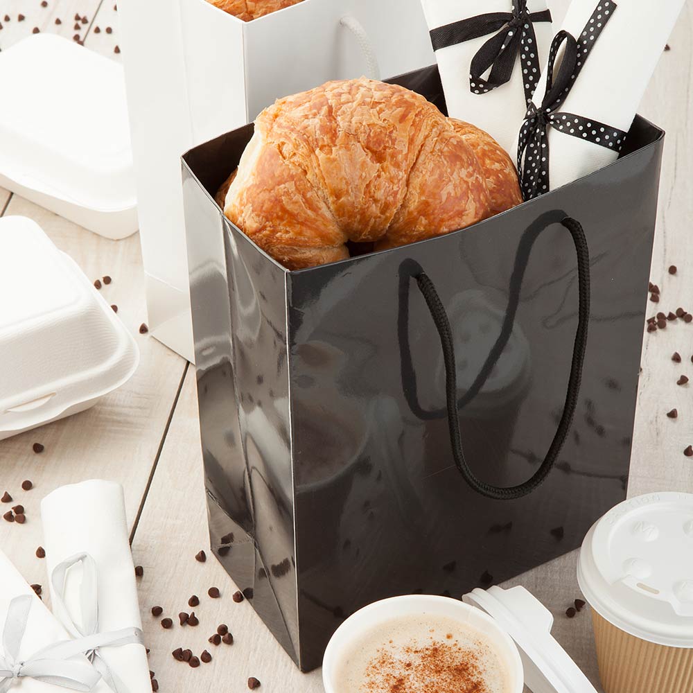 Vogue Rectangle Black Paper Medium Shopping and Take Out Bag - Glossy, Rope Handles - 8" x 4" x 10" - 10 count box