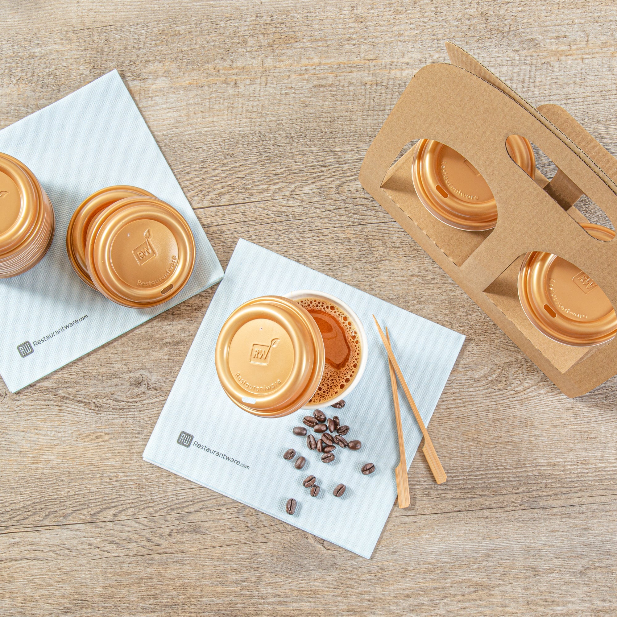 Restpresso Gold Plastic Coffee Cup Lid - Fits 8, 12, 16 and 20 oz - 25 count box