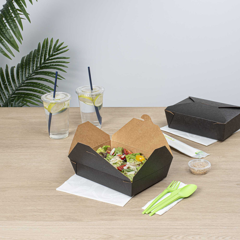 Bio Tek 49 oz Rectangle Black Paper #2 Bio Box Take Out Container - 8 1/2" x 6 1/4" x 2" - 200 count box