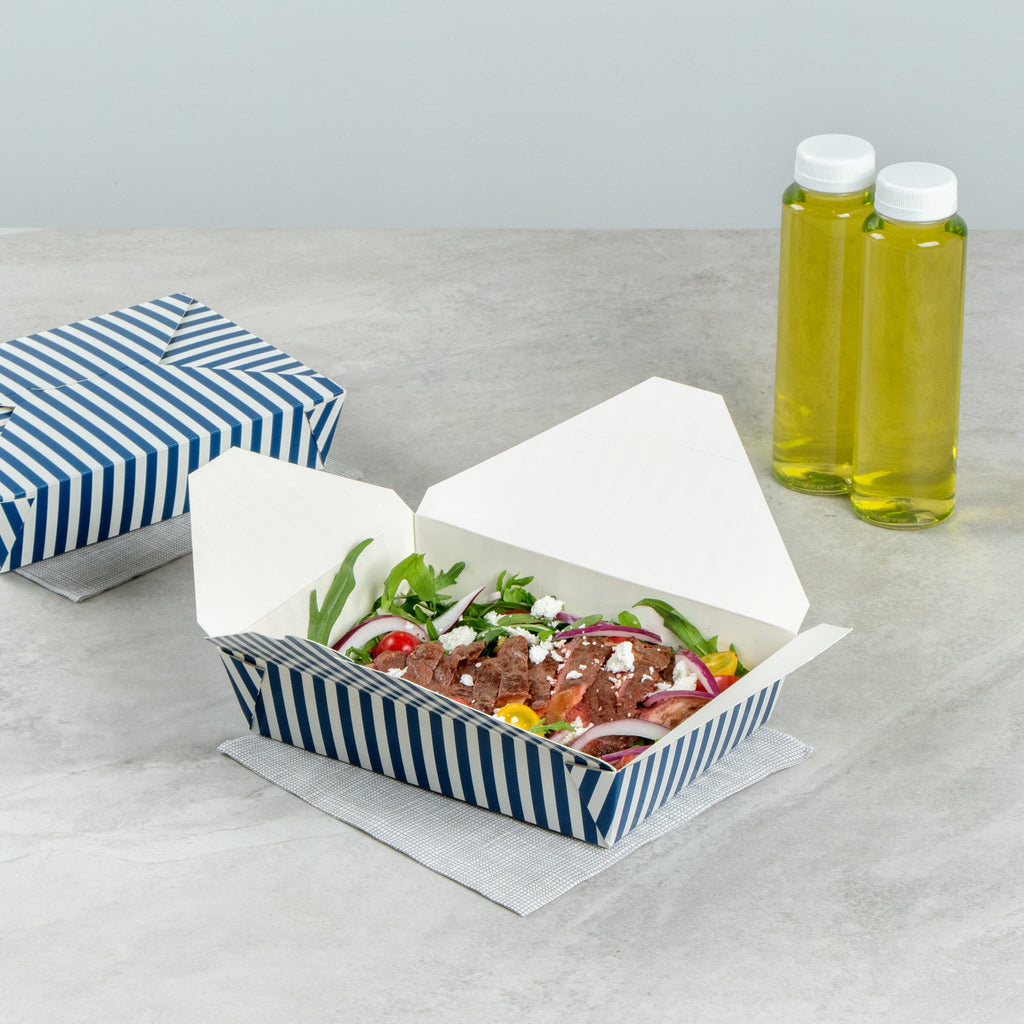 Bio Tek 49 oz Rectangle Blue and White Stripe Paper #2 Bio Box Take Out Container - 8 1/2" x 6 1/4" x 2" -50 count box