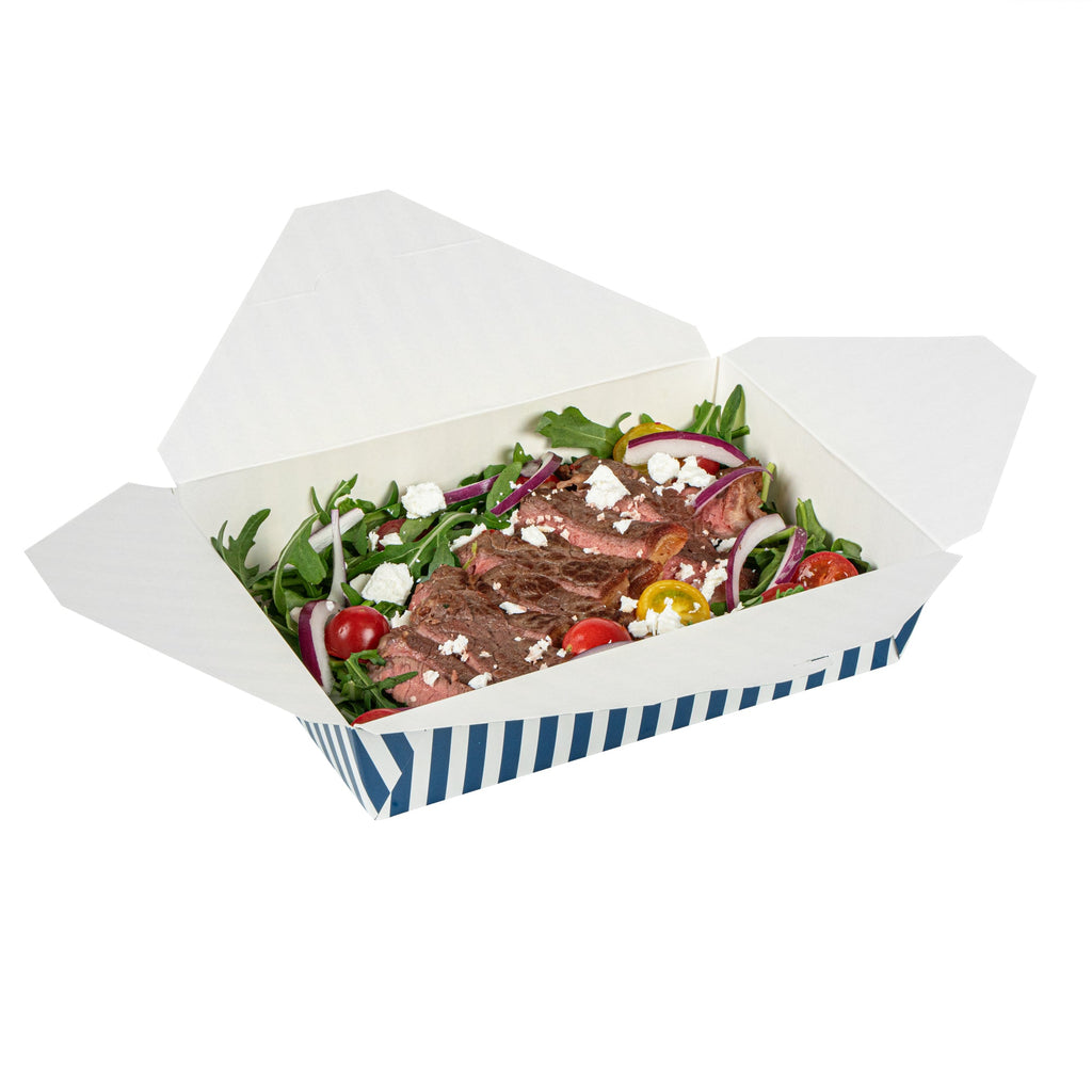 Bio Tek 49 oz Rectangle Blue and White Stripe Paper #2 Bio Box Take Out Container - 8 1/2" x 6 1/4" x 2" -50 count box