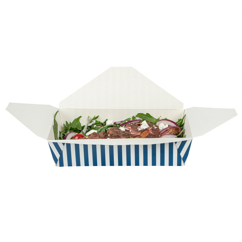Bio Tek 49 oz Rectangle Blue and White Stripe Paper #2 Bio Box Take Out Container - 8 1/2" x 6 1/4" x 2" -50 count box