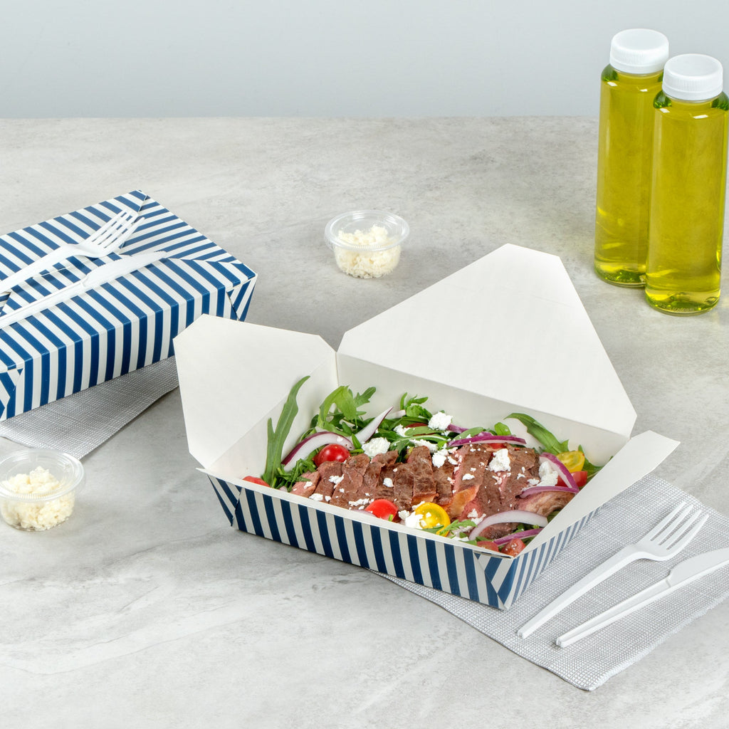 Bio Tek 49 oz Rectangle Blue and White Stripe Paper #2 Bio Box Take Out Container - 8 1/2" x 6 1/4" x 2" -50 count box