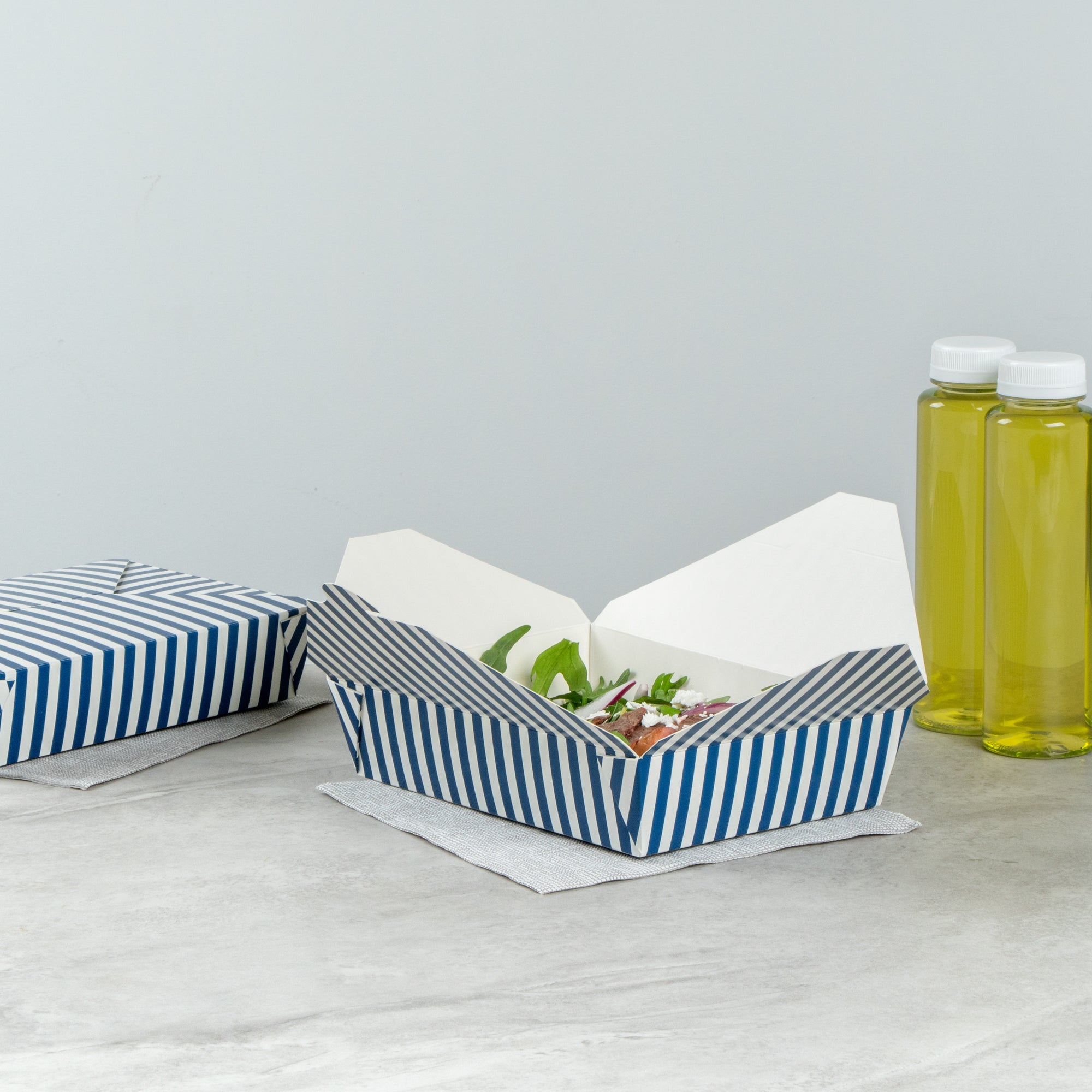 Bio Tek 49 oz Rectangle Blue and White Stripe Paper #2 Bio Box Take Out Container - 8 1/2" x 6 1/4" x 2" -50 count box