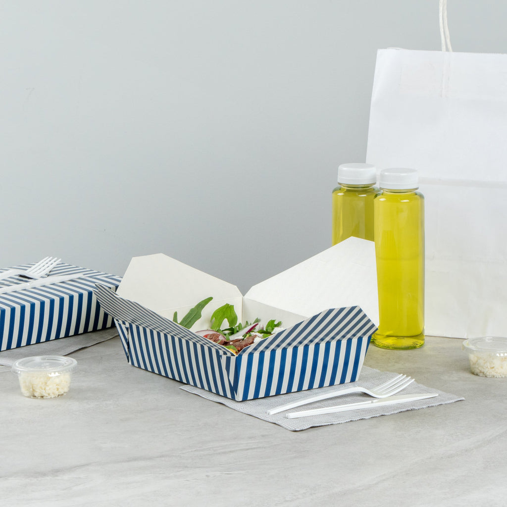 Bio Tek 49 oz Rectangle Blue and White Stripe Paper #2 Bio Box Take Out Container - 8 1/2" x 6 1/4" x 2" -50 count box