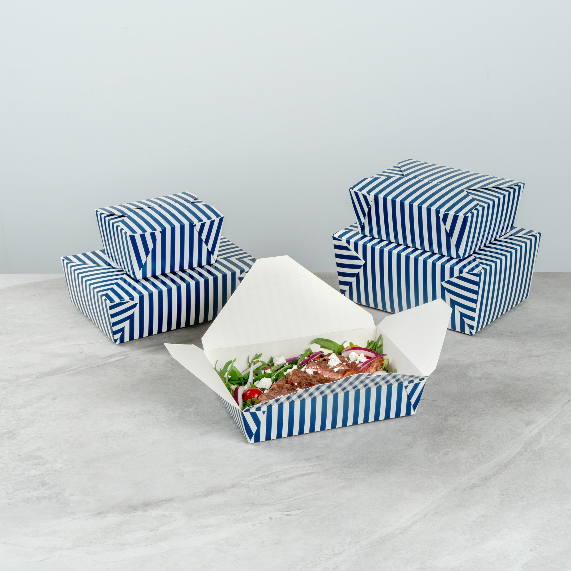 Bio Tek 49 oz Rectangle Blue and White Stripe Paper #2 Bio Box Take Out Container - 8 1/2" x 6 1/4" x 2" -50 count box