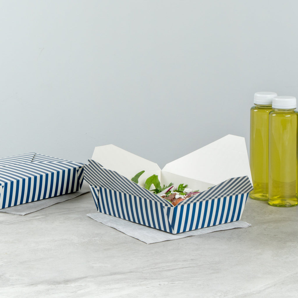 Bio Tek 49 oz Rectangle Blue and White Stripe Paper #2 Bio Box Take Out Container - 8 1/2" x 6 1/4" x 2" - 200 count box