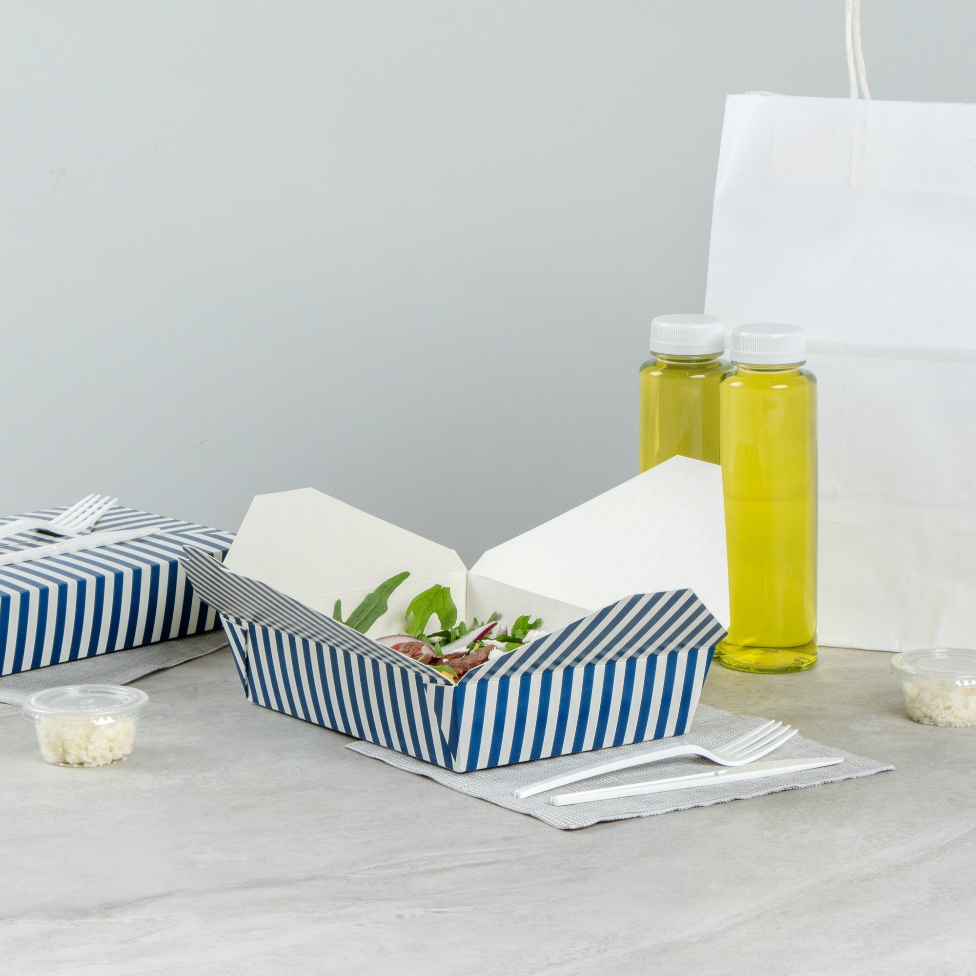 Bio Tek 49 oz Rectangle Blue and White Stripe Paper #2 Bio Box Take Out Container - 8 1/2" x 6 1/4" x 2" - 200 count box