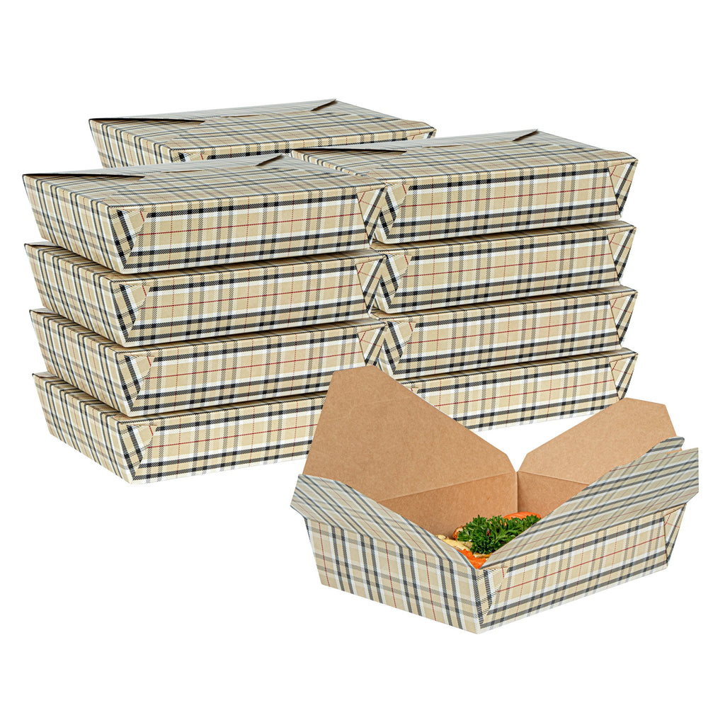 Bio Tek 49 oz Rectangle Plaid Paper #2 Bio Box Take Out Container - 8 1/2" x 6 1/4" x 2" -50 count box