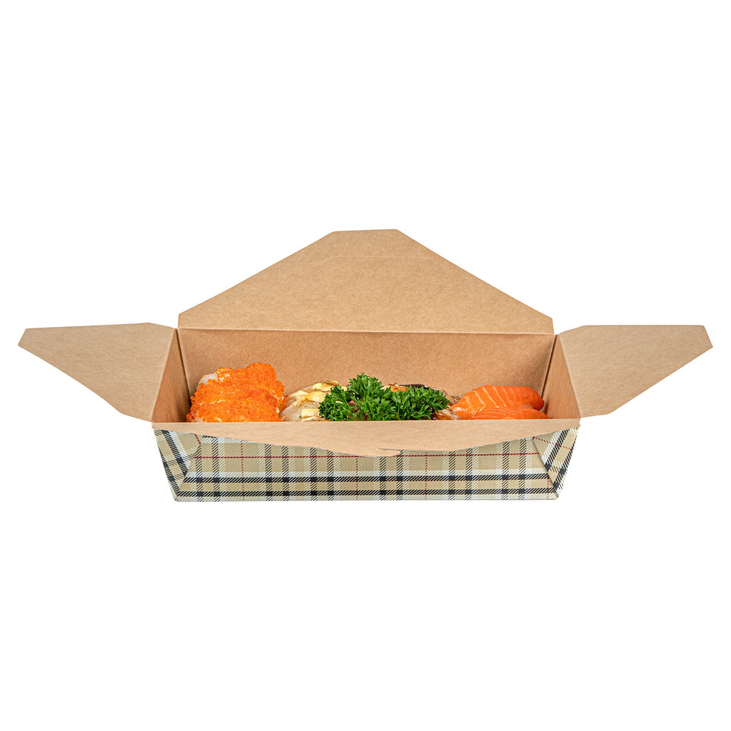 Bio Tek 49 oz Rectangle Plaid Paper #2 Bio Box Take Out Container - 8 1/2" x 6 1/4" x 2" -50 count box