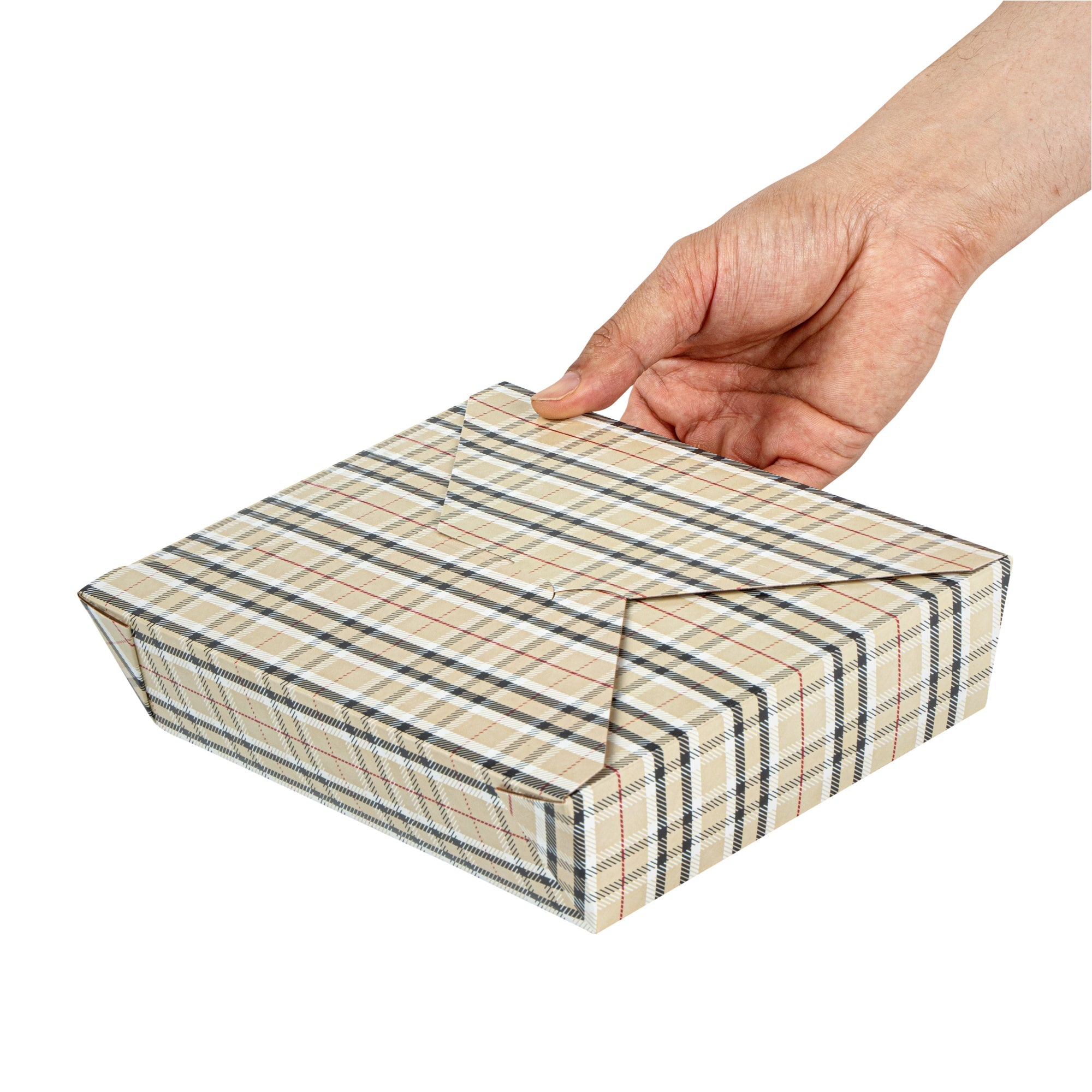 Bio Tek 49 oz Rectangle Plaid Paper #2 Bio Box Take Out Container - 8 1/2" x 6 1/4" x 2" -50 count box
