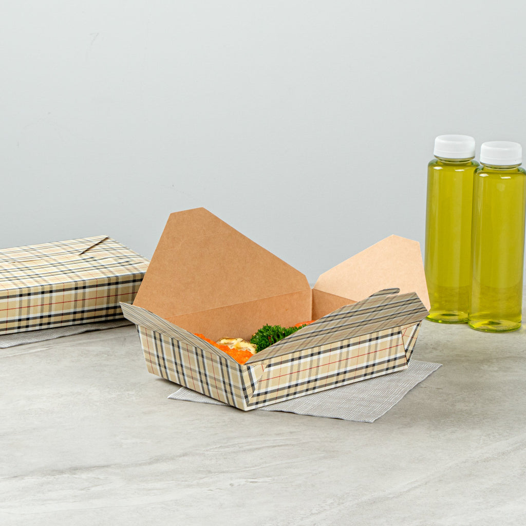 Bio Tek 49 oz Rectangle Plaid Paper #2 Bio Box Take Out Container - 8 1/2" x 6 1/4" x 2" -50 count box