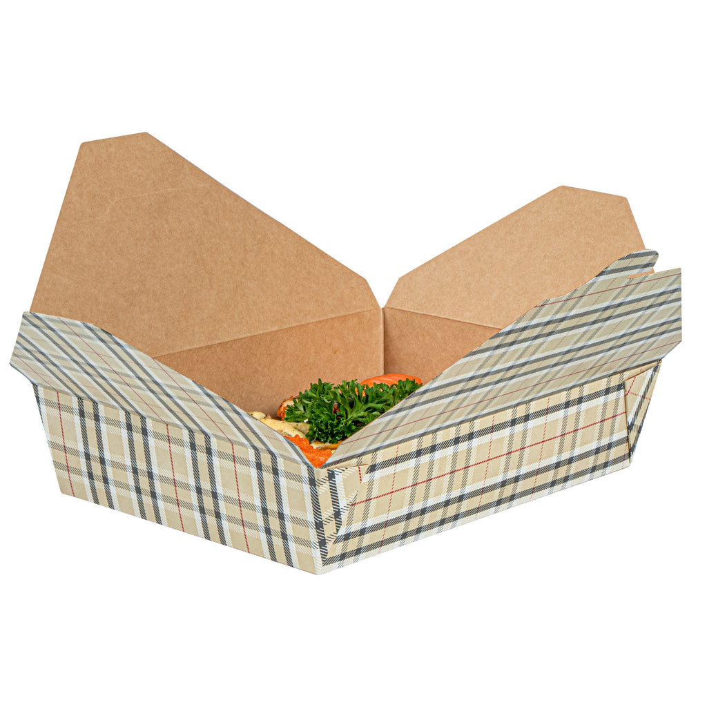Bio Tek 49 oz Rectangle Plaid Paper #2 Bio Box Take Out Container - 8 1/2" x 6 1/4" x 2" - 200 count box