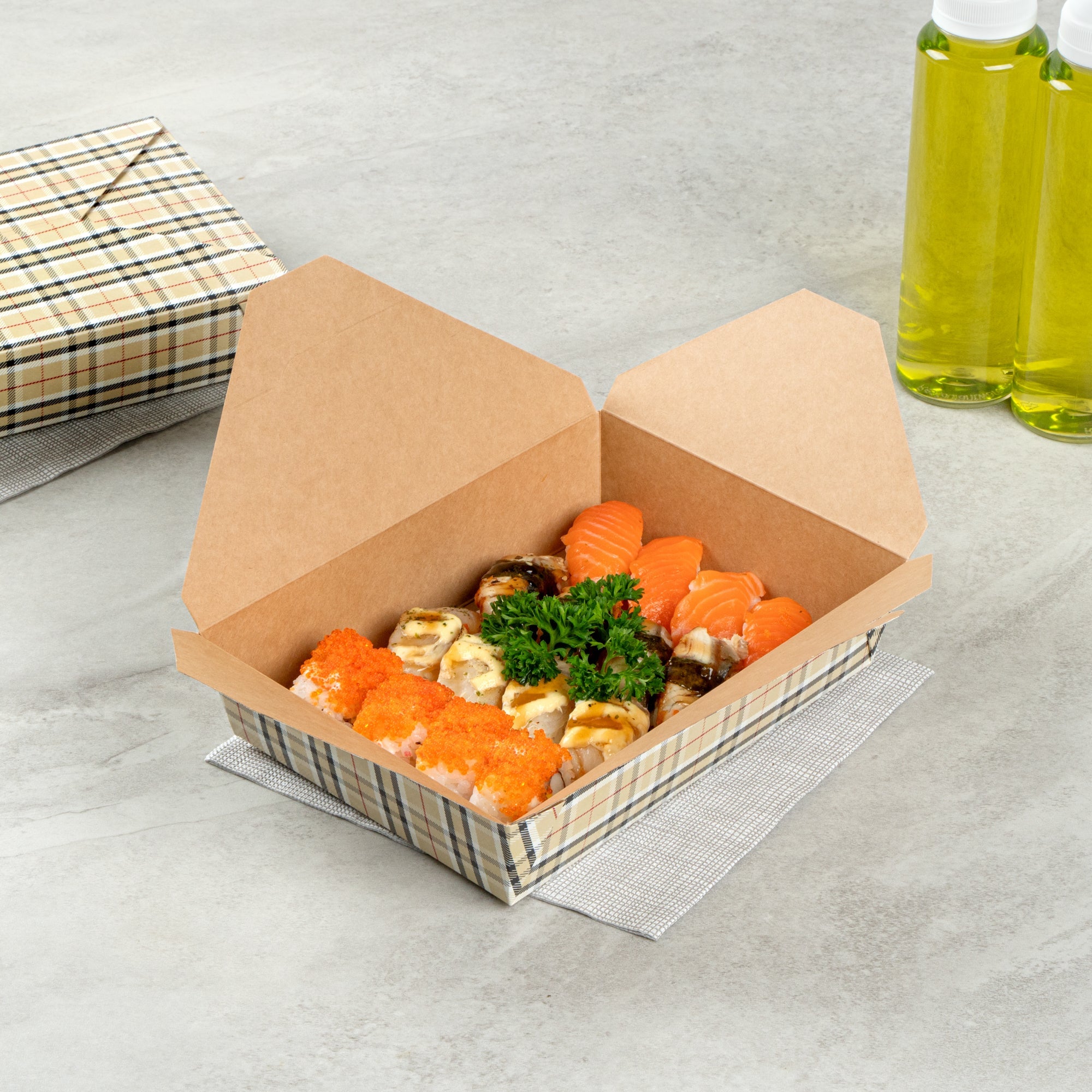 Bio Tek 49 oz Rectangle Plaid Paper #2 Bio Box Take Out Container - 8 1/2" x 6 1/4" x 2" - 200 count box