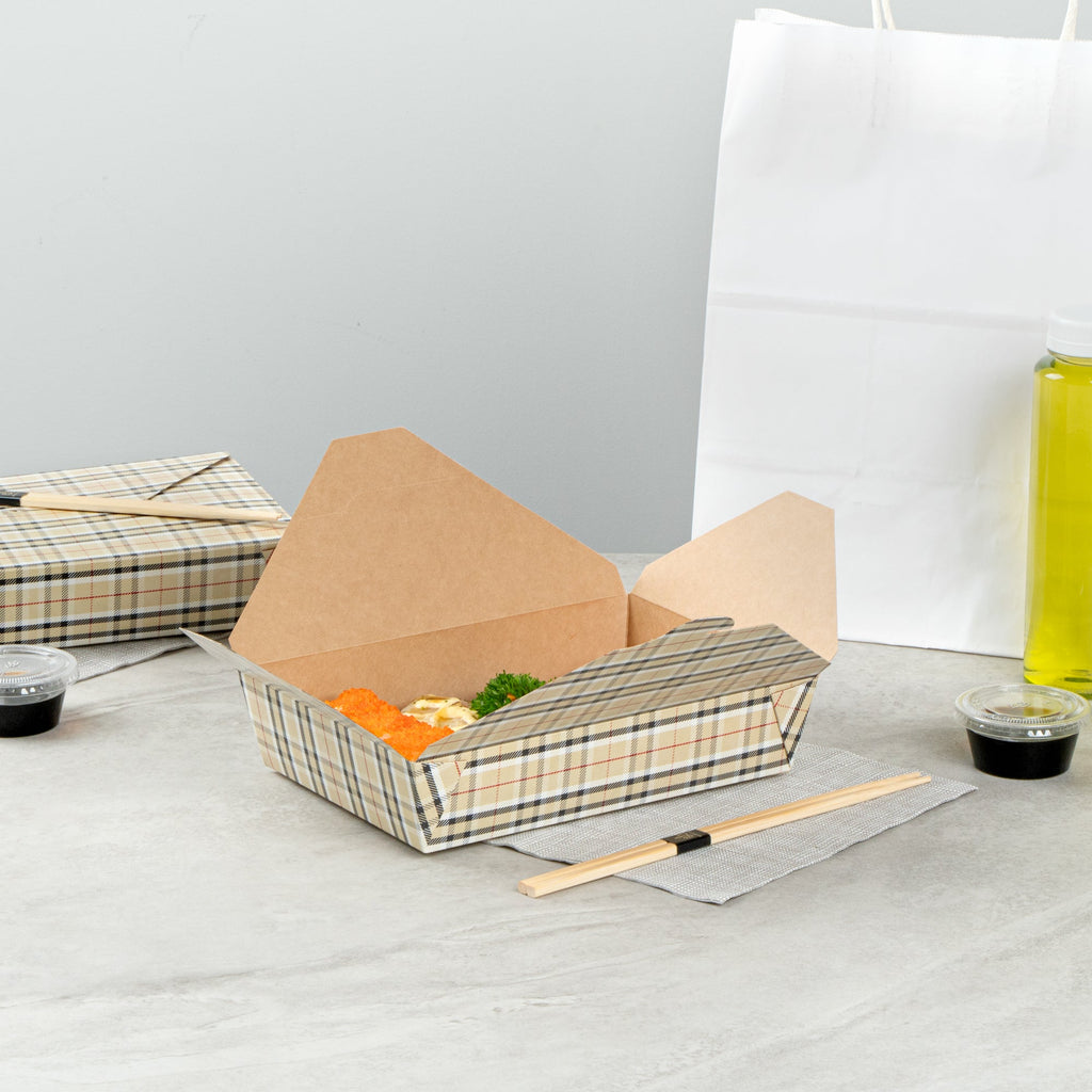 Bio Tek 49 oz Rectangle Plaid Paper #2 Bio Box Take Out Container - 8 1/2" x 6 1/4" x 2" - 200 count box