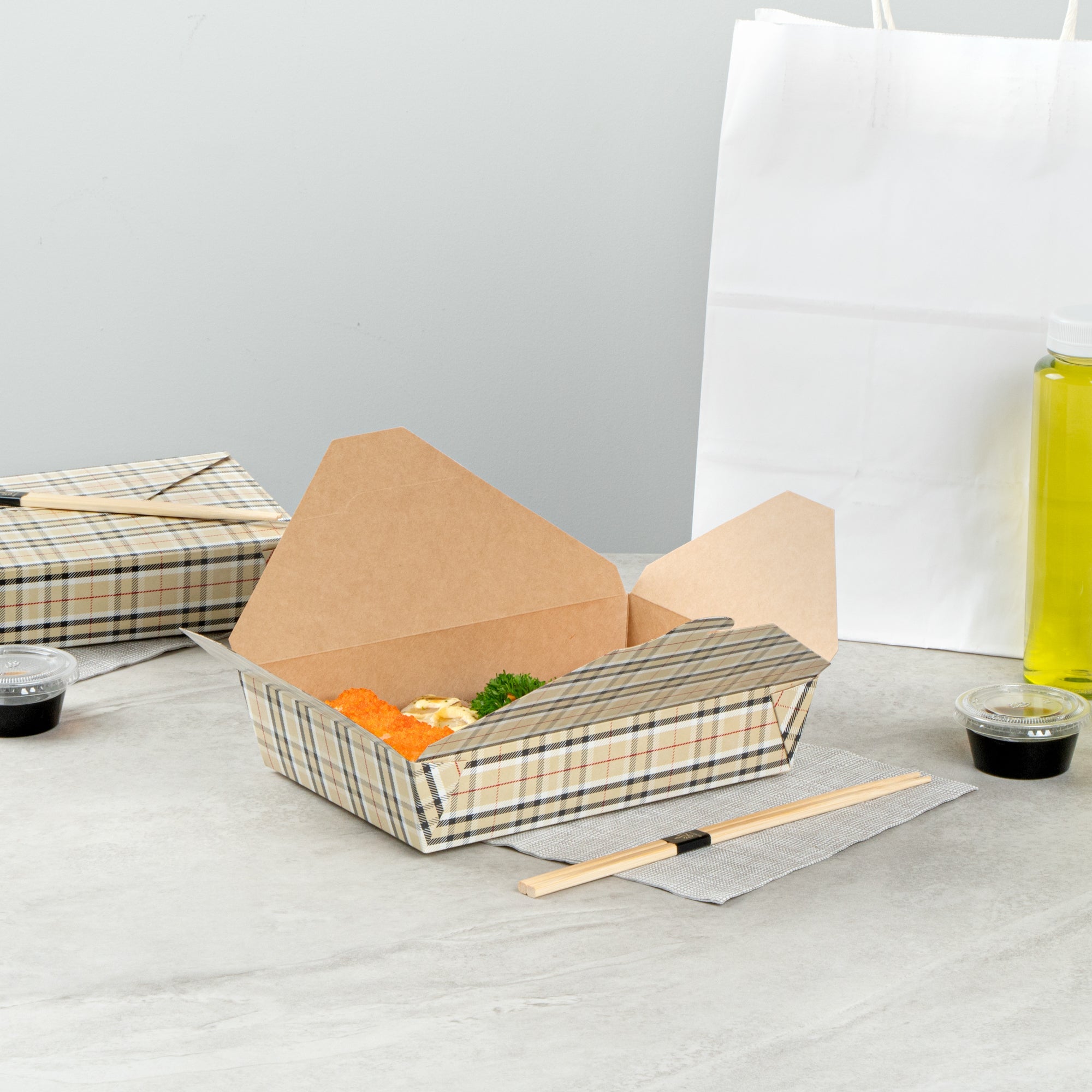 Bio Tek 49 oz Rectangle Plaid Paper #2 Bio Box Take Out Container - 8 1/2" x 6 1/4" x 2" - 200 count box