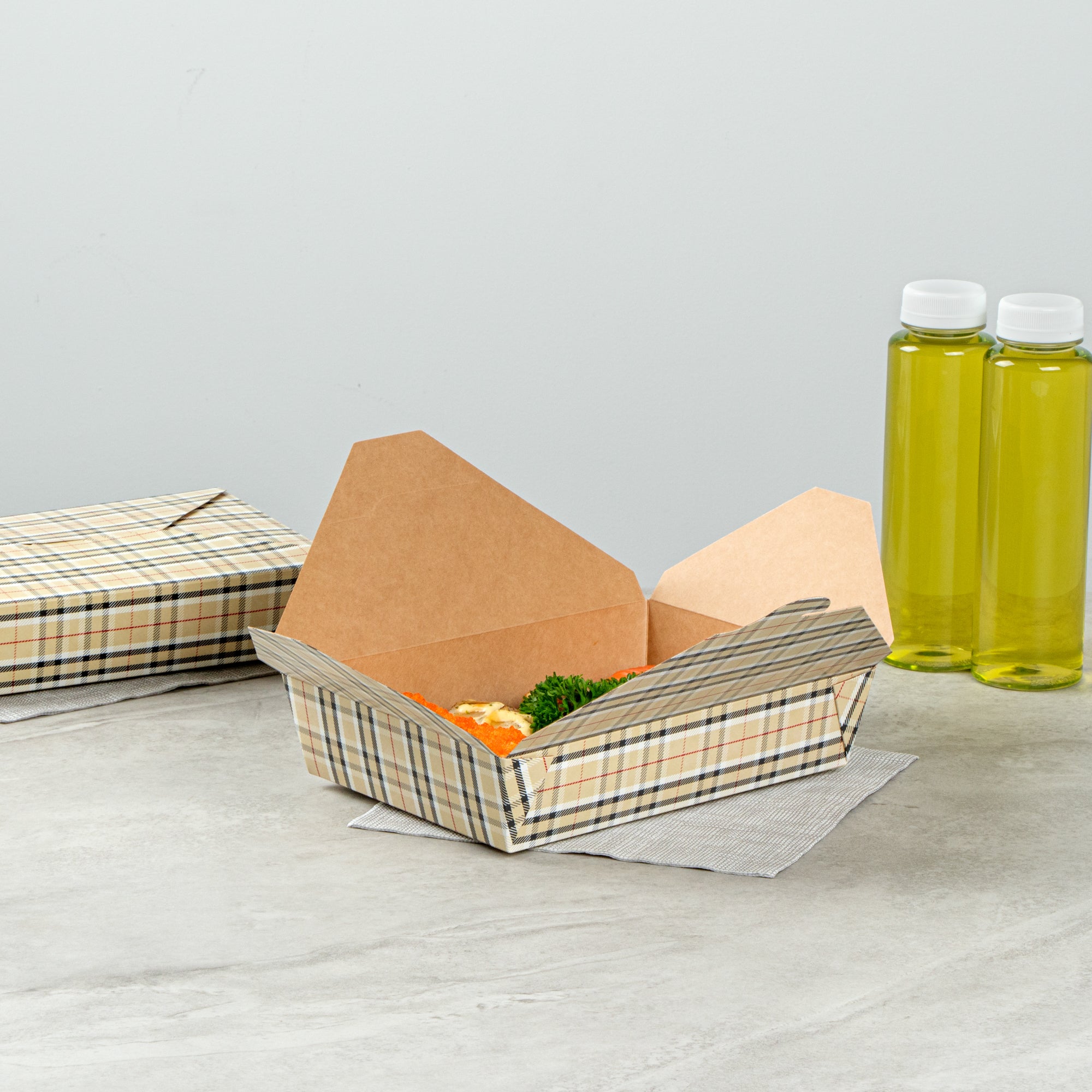 Bio Tek 49 oz Rectangle Plaid Paper #2 Bio Box Take Out Container - 8 1/2" x 6 1/4" x 2" - 200 count box