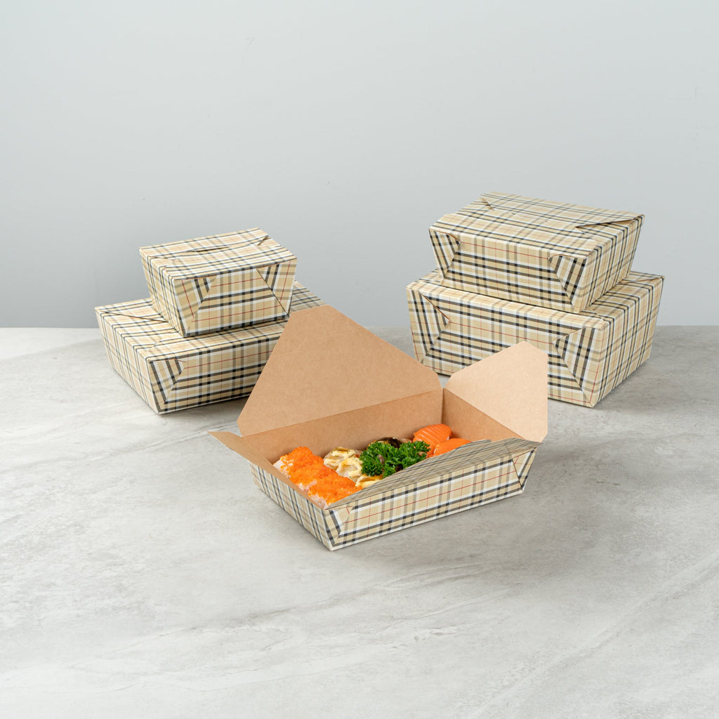 Bio Tek 49 oz Rectangle Plaid Paper #2 Bio Box Take Out Container - 8 1/2" x 6 1/4" x 2" - 200 count box