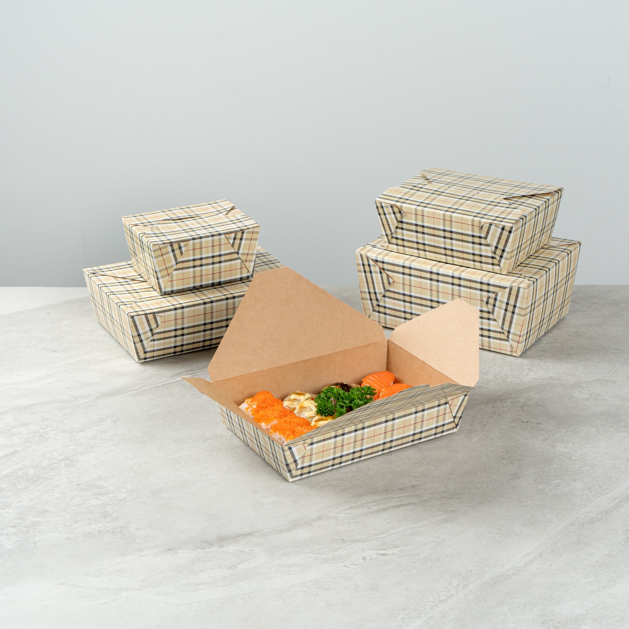 Bio Tek 49 oz Rectangle Plaid Paper #2 Bio Box Take Out Container - 8 1/2" x 6 1/4" x 2" - 200 count box