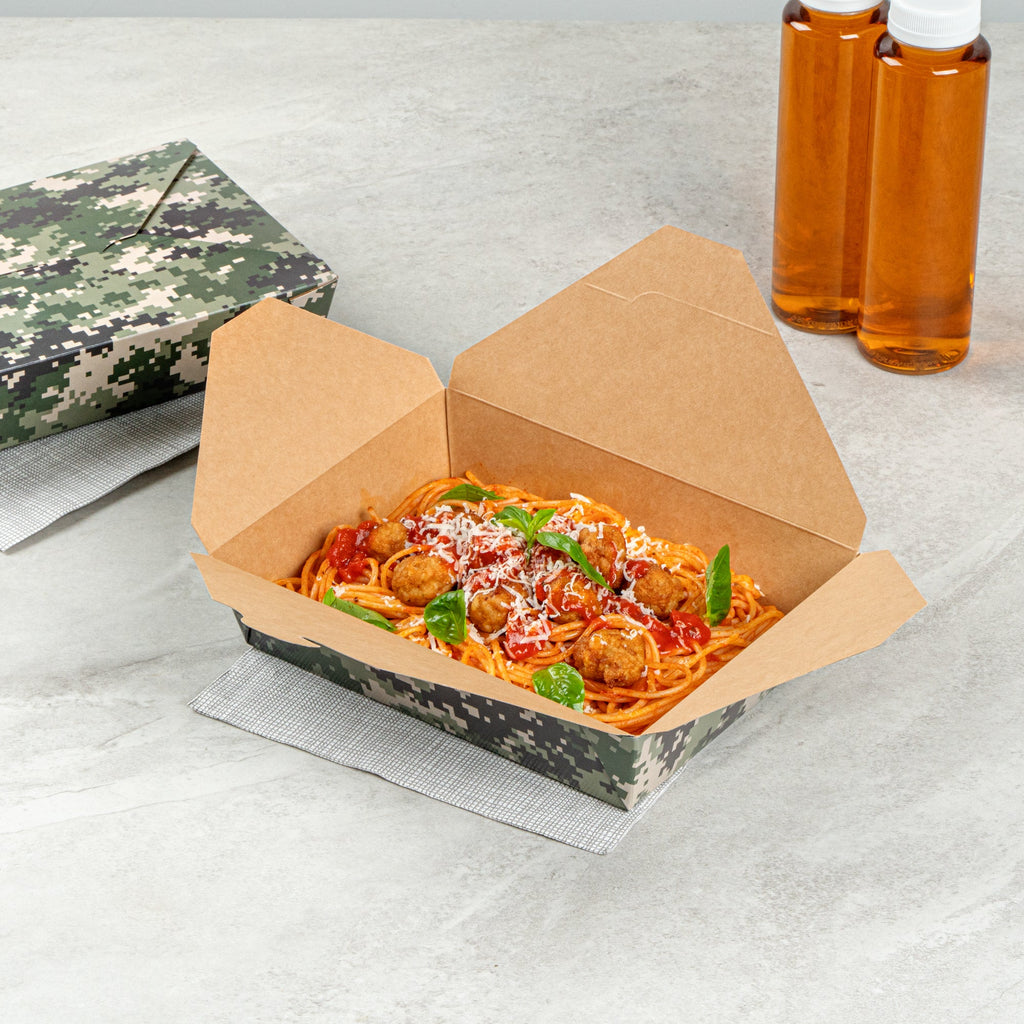 Bio Tek 49 oz Rectangle Camouflage Paper #2 Bio Box Take Out Container - 8 1/2" x 6 1/4" x 2" - 200 count box