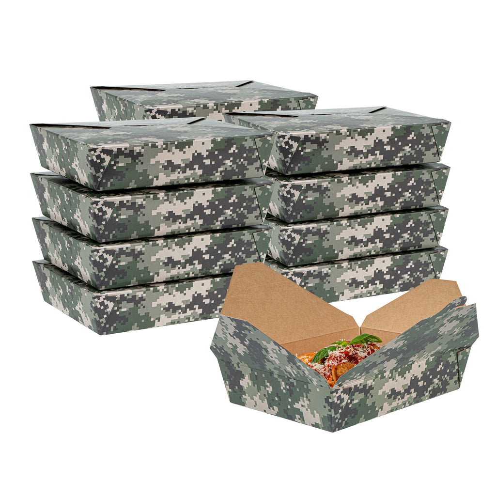 Bio Tek 49 oz Rectangle Camouflage Paper #2 Bio Box Take Out Container - 8 1/2" x 6 1/4" x 2" -50 count box