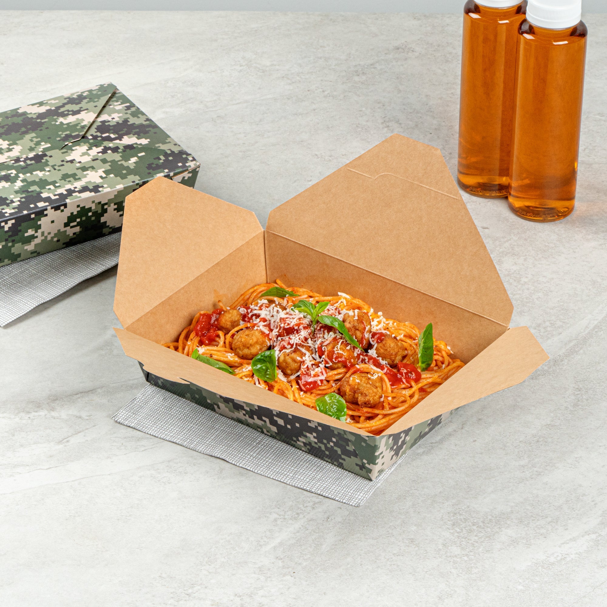 Bio Tek 49 oz Rectangle Camouflage Paper #2 Bio Box Take Out Container - 8 1/2" x 6 1/4" x 2" -50 count box