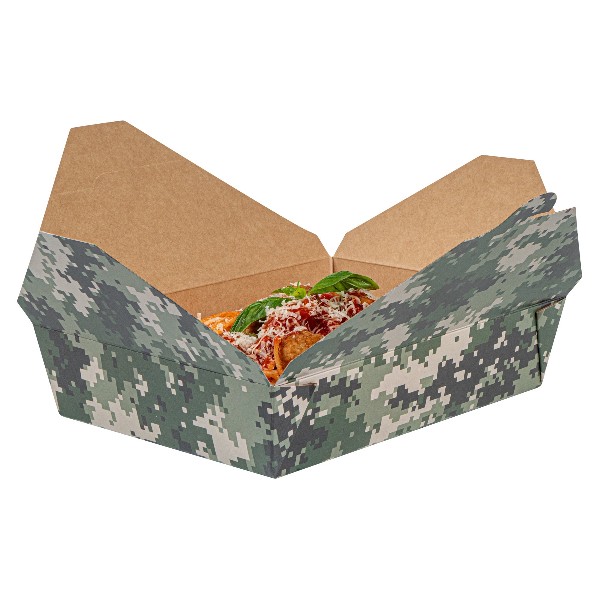Bio Tek 49 oz Rectangle Camouflage Paper #2 Bio Box Take Out Container - 8 1/2" x 6 1/4" x 2" -50 count box