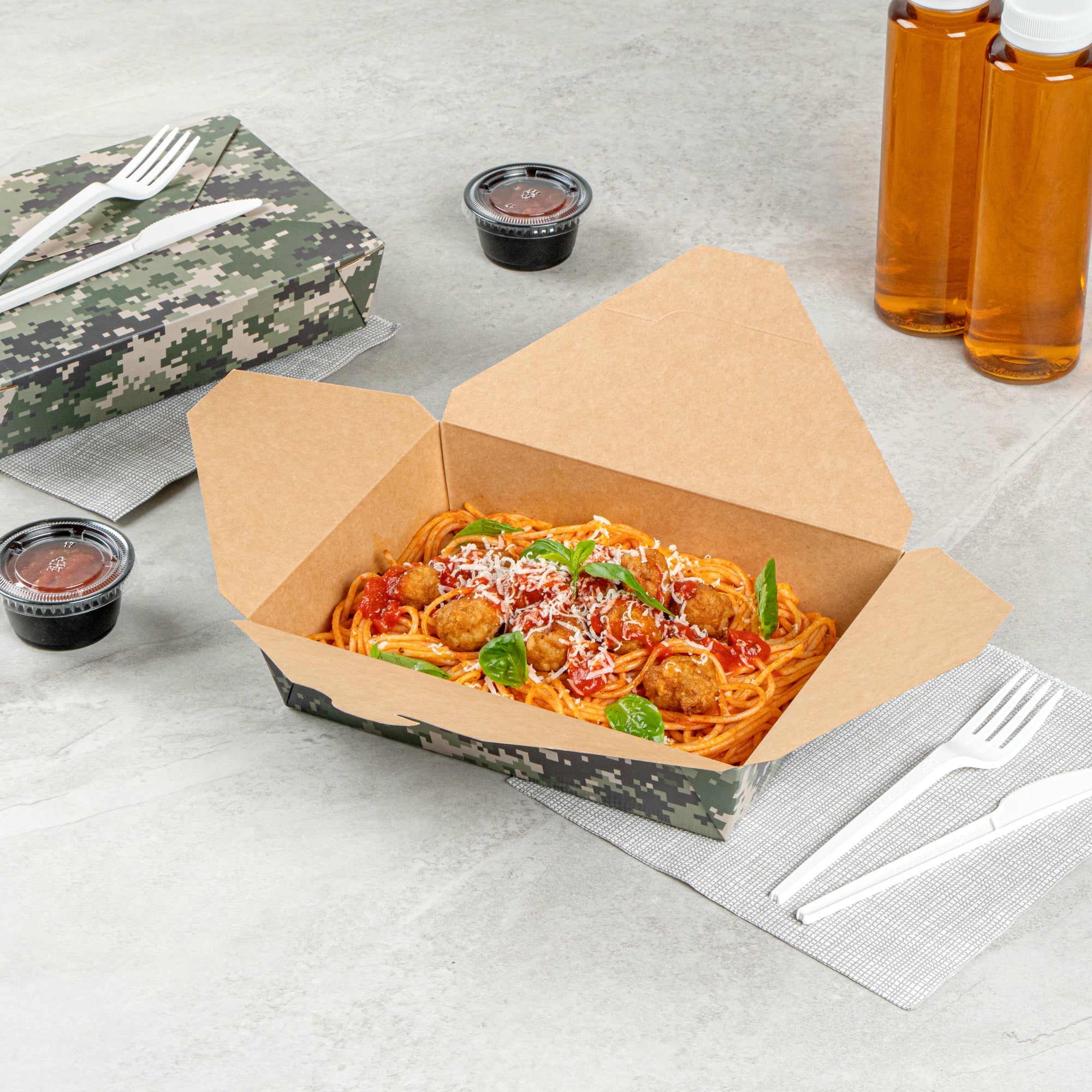 Bio Tek 49 oz Rectangle Camouflage Paper #2 Bio Box Take Out Container - 8 1/2" x 6 1/4" x 2" -50 count box