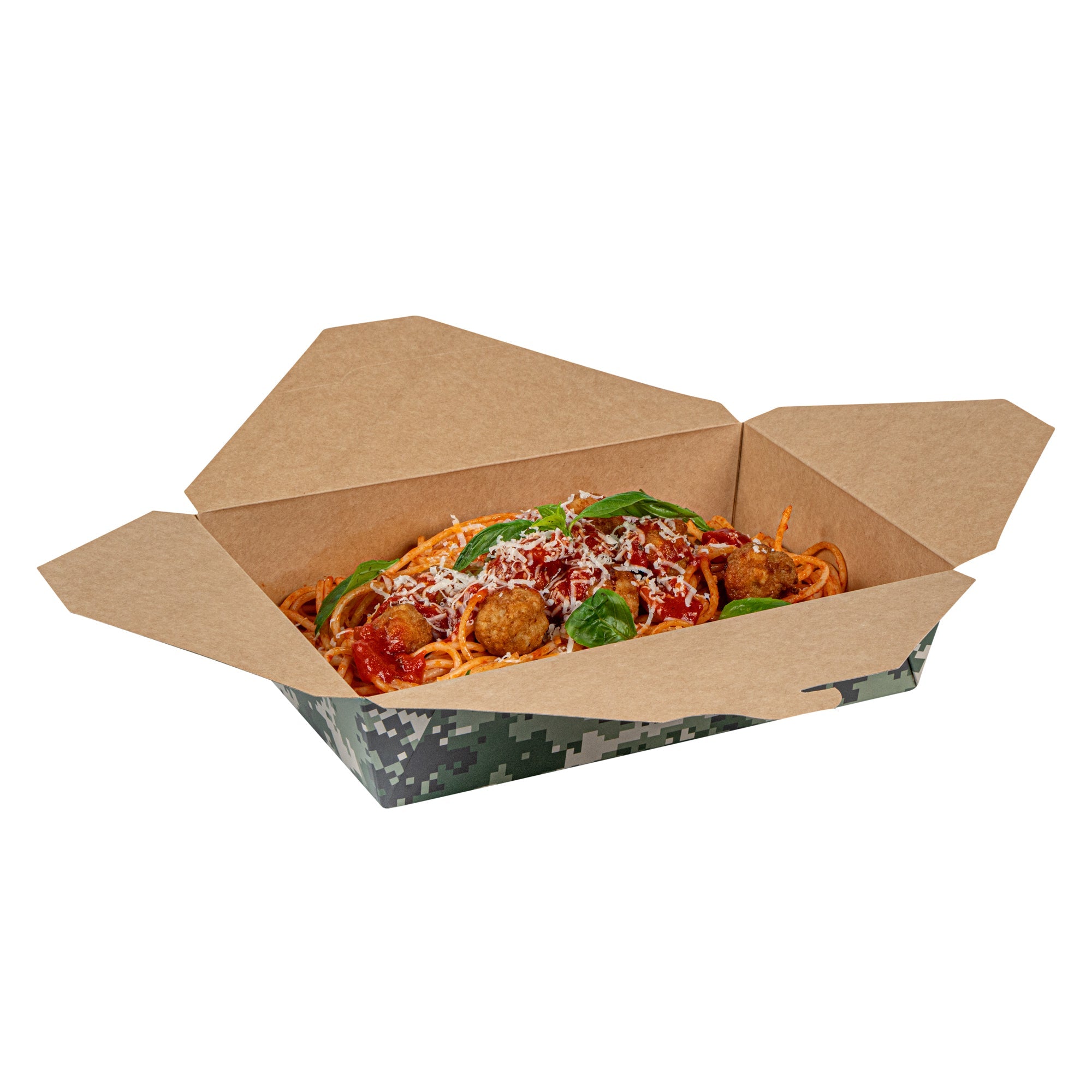 Bio Tek 49 oz Rectangle Camouflage Paper #2 Bio Box Take Out Container - 8 1/2" x 6 1/4" x 2" - 200 count box