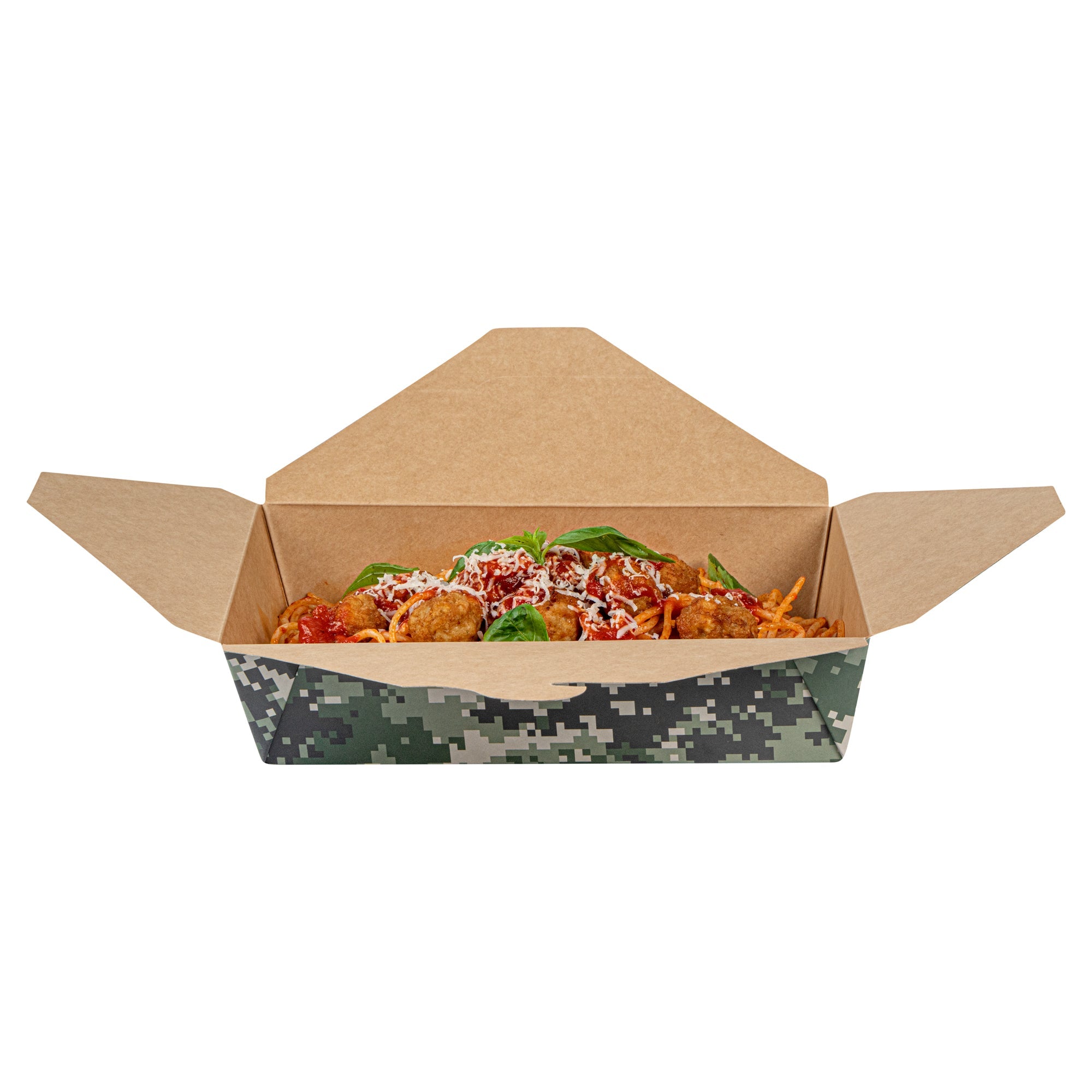 Bio Tek 49 oz Rectangle Camouflage Paper #2 Bio Box Take Out Container - 8 1/2" x 6 1/4" x 2" - 200 count box