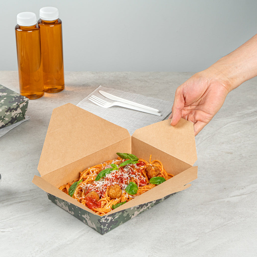 Bio Tek 49 oz Rectangle Camouflage Paper #2 Bio Box Take Out Container - 8 1/2" x 6 1/4" x 2" - 200 count box