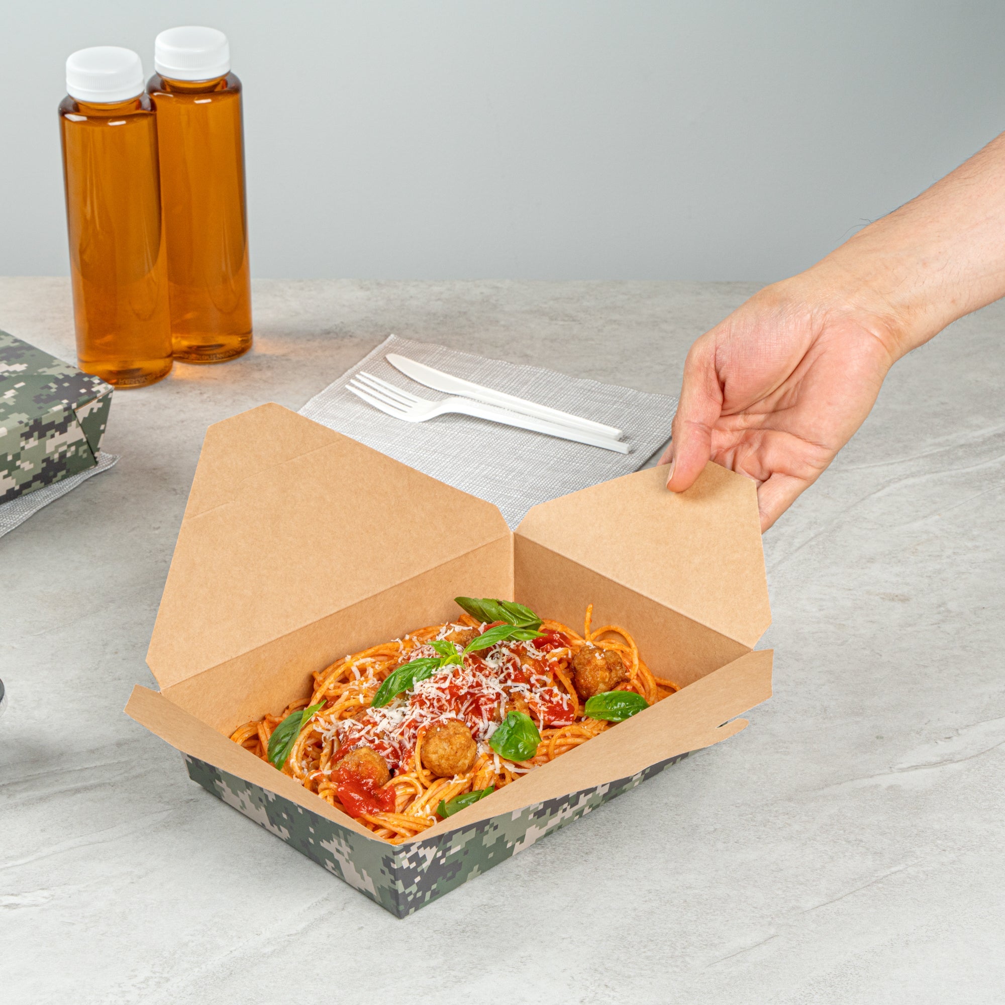 Bio Tek 49 oz Rectangle Camouflage Paper #2 Bio Box Take Out Container - 8 1/2" x 6 1/4" x 2" - 200 count box
