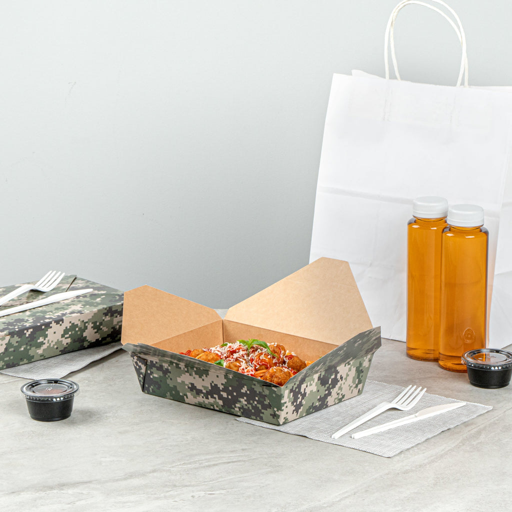 Bio Tek 49 oz Rectangle Camouflage Paper #2 Bio Box Take Out Container - 8 1/2" x 6 1/4" x 2" - 200 count box