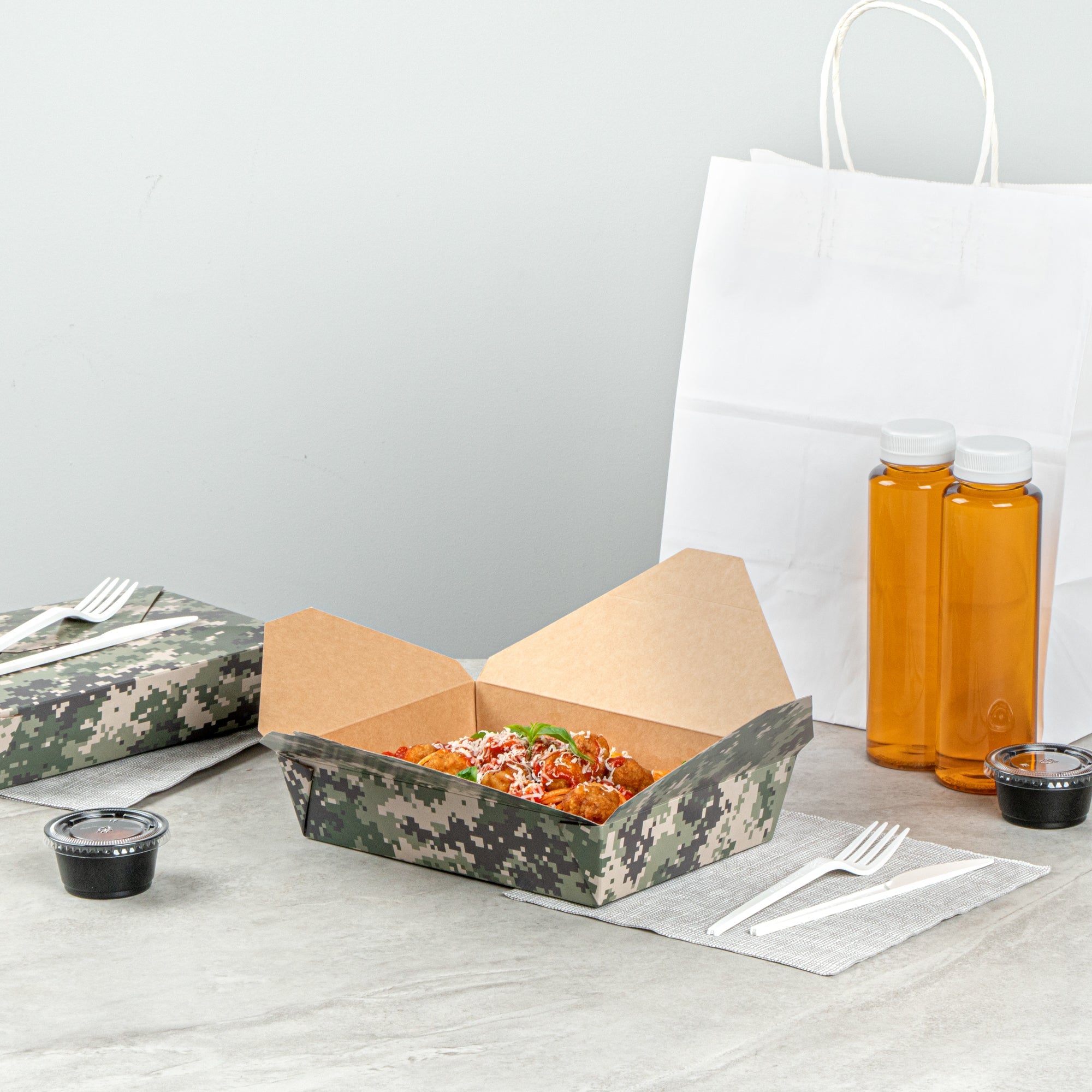 Bio Tek 49 oz Rectangle Camouflage Paper #2 Bio Box Take Out Container - 8 1/2" x 6 1/4" x 2" - 200 count box