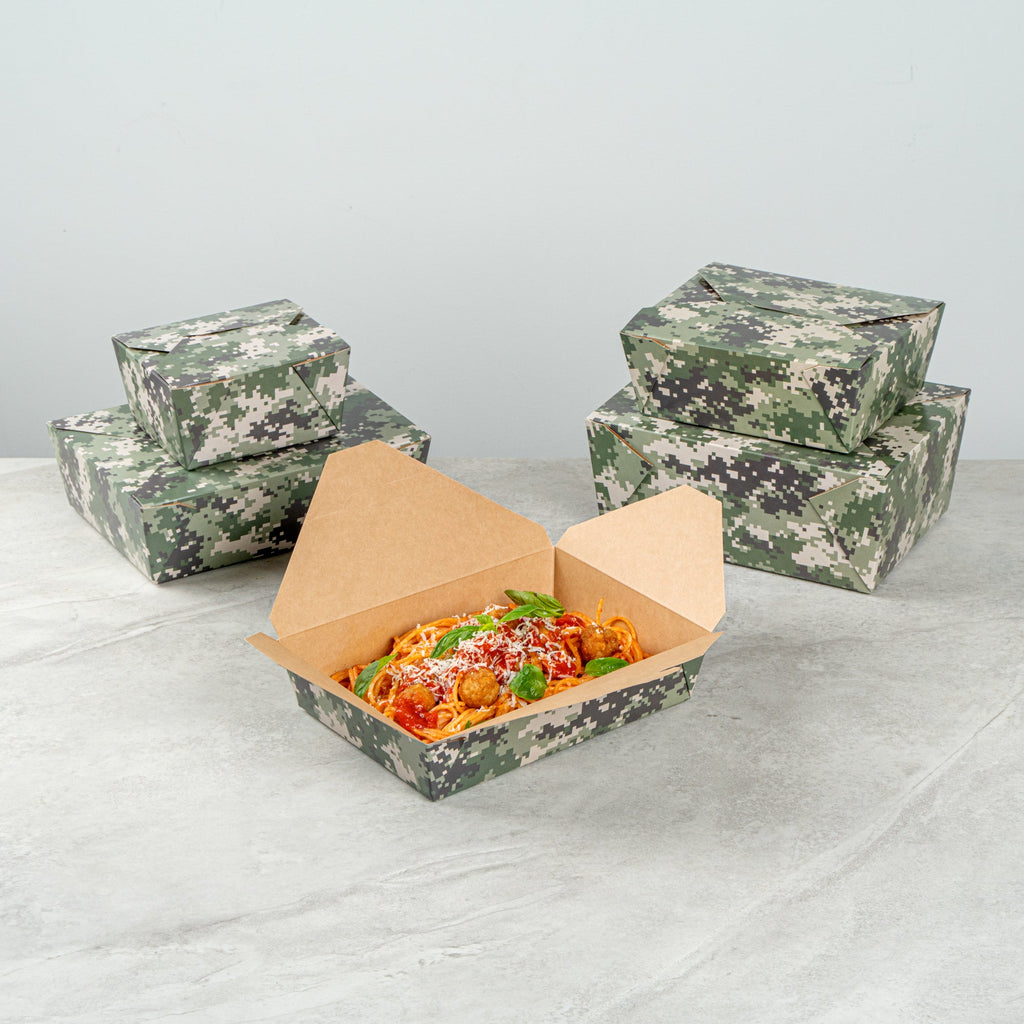 Bio Tek 49 oz Rectangle Camouflage Paper #2 Bio Box Take Out Container - 8 1/2" x 6 1/4" x 2" - 200 count box