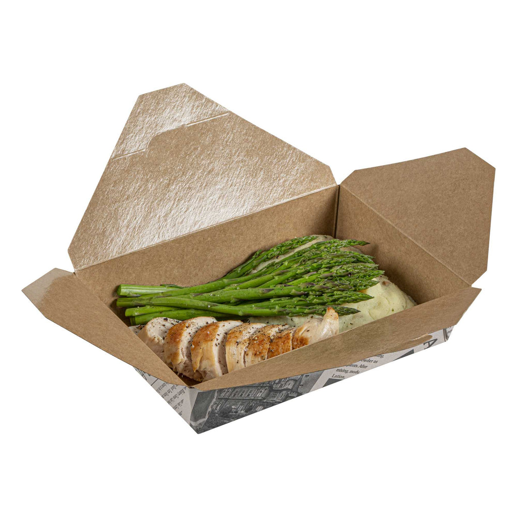 Bio Tek 49 oz Rectangle Newsprint Paper Bio Box Take Out Container - 8 1/2" x 6 1/4" x 2" - 50 count box