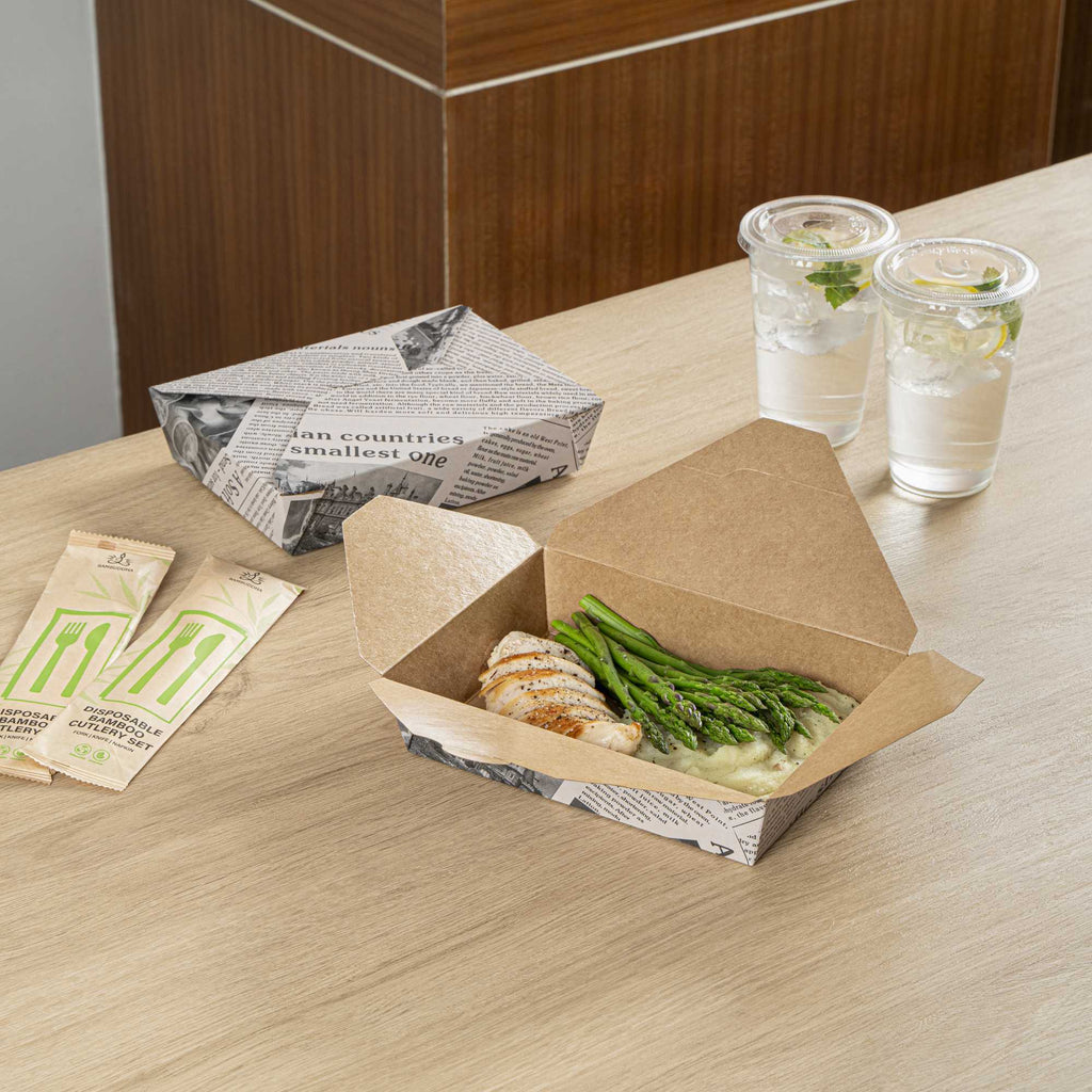 Bio Tek 49 oz Rectangle Newsprint Paper Bio Box Take Out Container - 8 1/2" x 6 1/4" x 2" - 50 count box
