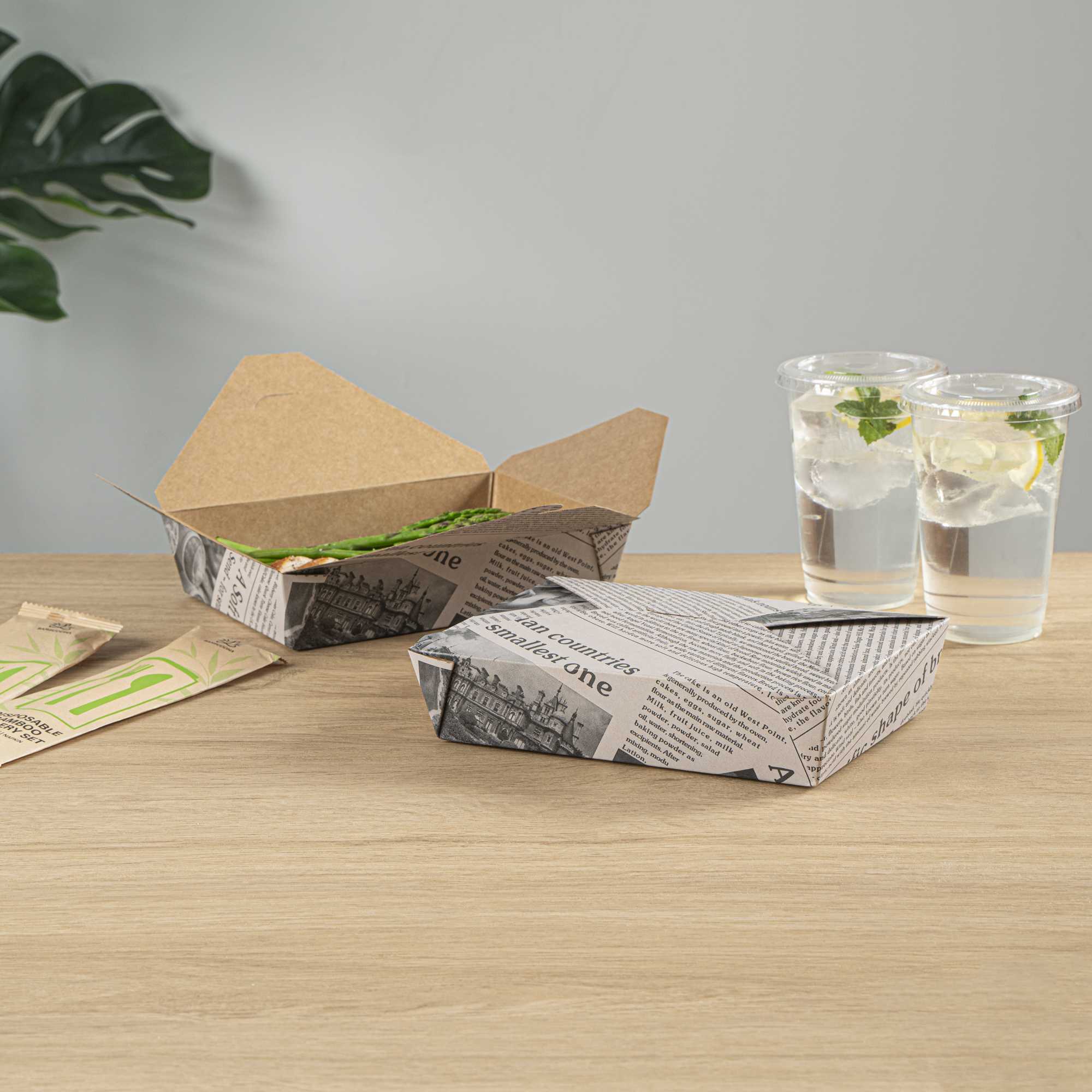 Bio Tek 49 oz Rectangle Newsprint Paper Bio Box Take Out Container - 8 1/2" x 6 1/4" x 2" - 50 count box