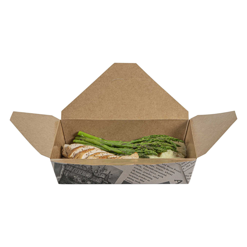 Bio Tek 49 oz Rectangle Newsprint Paper #2 Bio Box Take Out Container - 8 1/2" x 6 1/4" x 2" - 200 count box